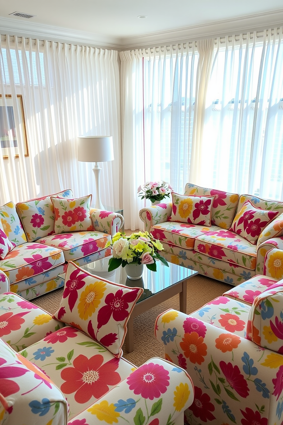 A bright and airy living room filled with summer vibes. The furniture is adorned with playful floral patterns in vibrant colors, creating a cheerful atmosphere. The curtains are light and breezy, allowing natural light to filter through. Decorative throw pillows with bold geometric designs add an extra layer of fun to the space.