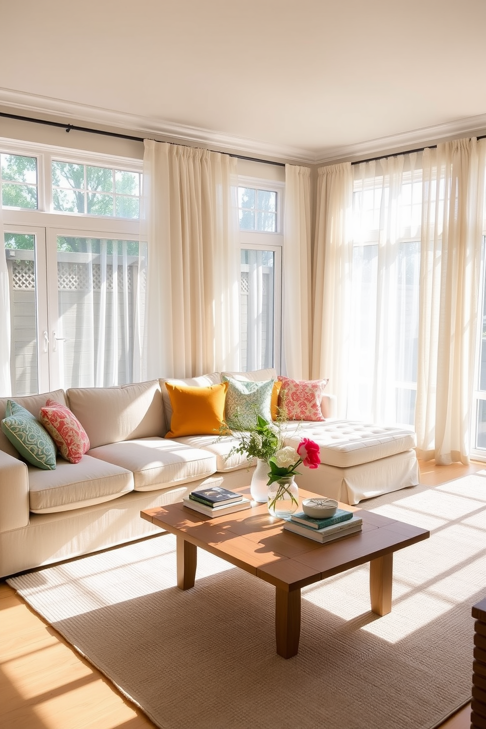 A bright and inviting living room filled with natural light. The space features a comfortable sectional sofa in a light fabric, accented by colorful throw pillows and a soft area rug underneath. Large windows are dressed with airy sheer curtains that gently filter the sunlight, adding a touch of softness to the room. A wooden coffee table sits in the center, adorned with fresh flowers and a few stylish books for a summery feel.