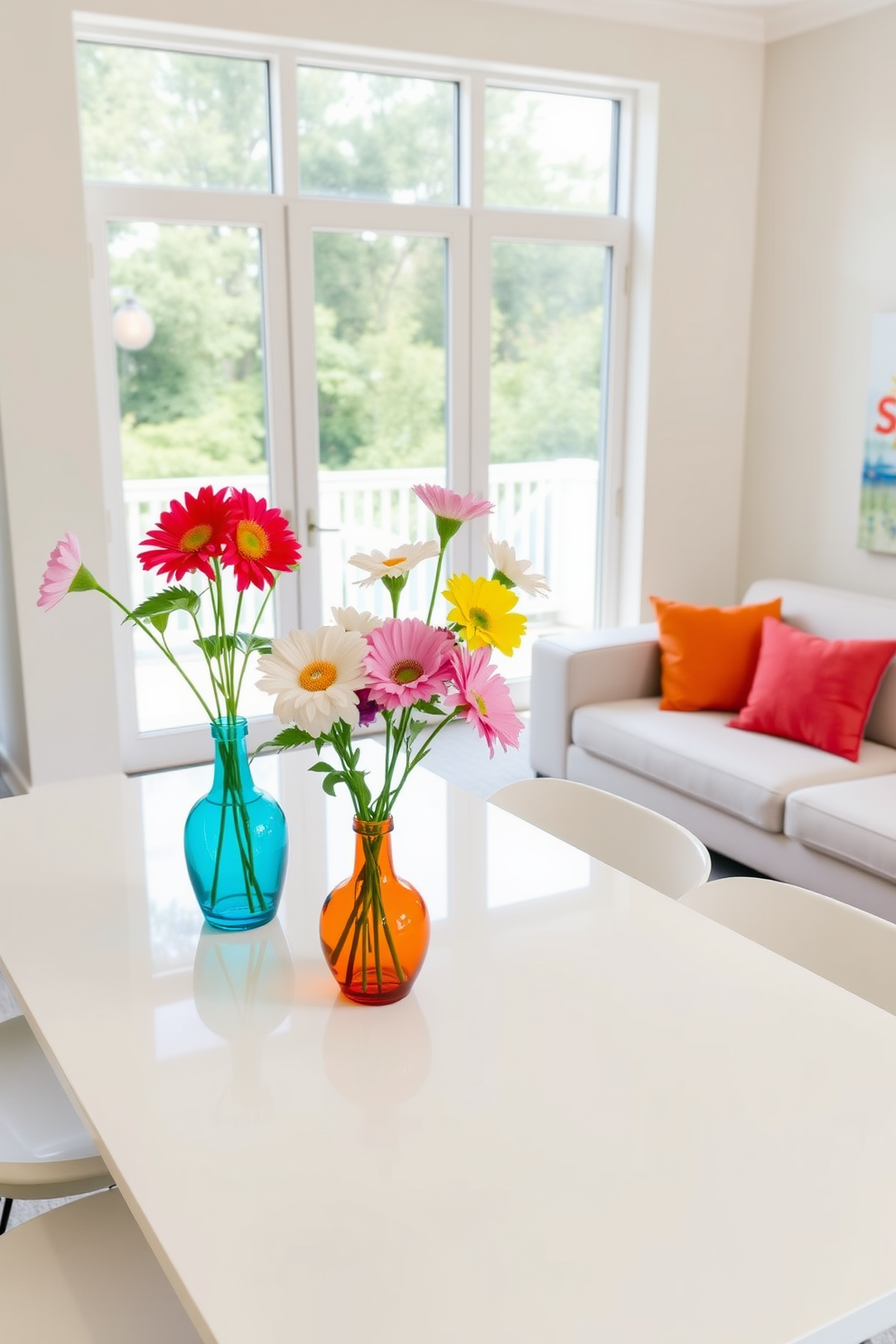 Fresh flowers in vibrant vases are arranged on a sleek white dining table. The table is surrounded by modern chairs, and the backdrop features a light and airy space with large windows allowing natural light to flood in. Brightly colored throw pillows are scattered on a comfortable sofa, adding a pop of color to the neutral-toned living room. A cheerful summer-themed artwork hangs on the wall, enhancing the seasonal decor.