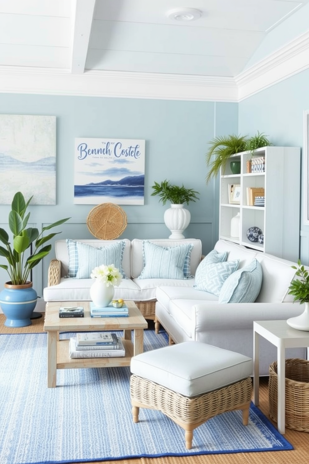 Create a coastal theme with shades of blue. Incorporate light-colored furniture and natural textures to evoke a relaxed summer vibe.