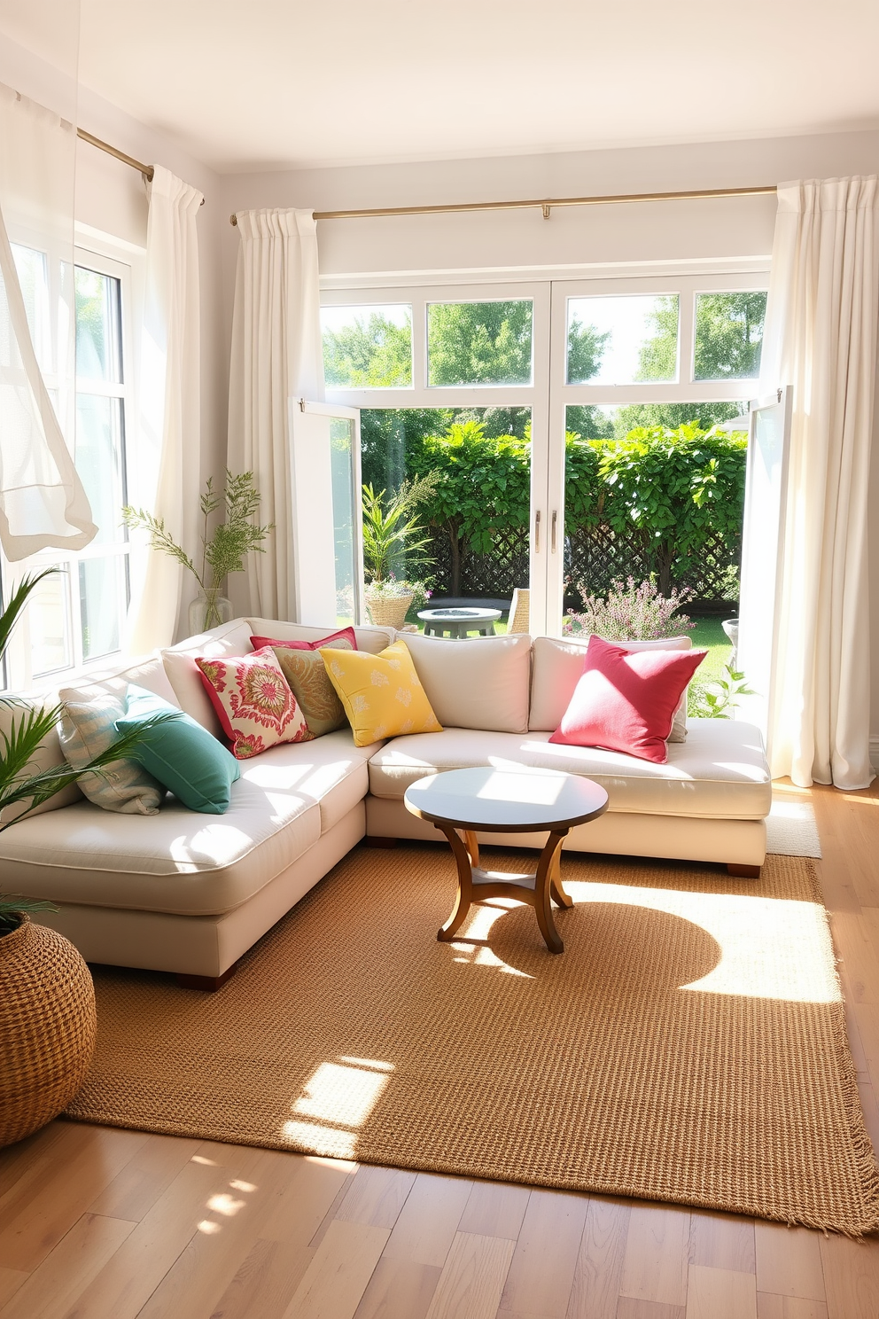 A bright and airy living room filled with natural light. The floor is adorned with a soft jute rug that adds warmth to the space. Lightweight linen curtains flutter gently in the breeze, framing large windows that overlook a lush garden. Decorative throw pillows in vibrant summer colors are scattered across a cozy sectional sofa.