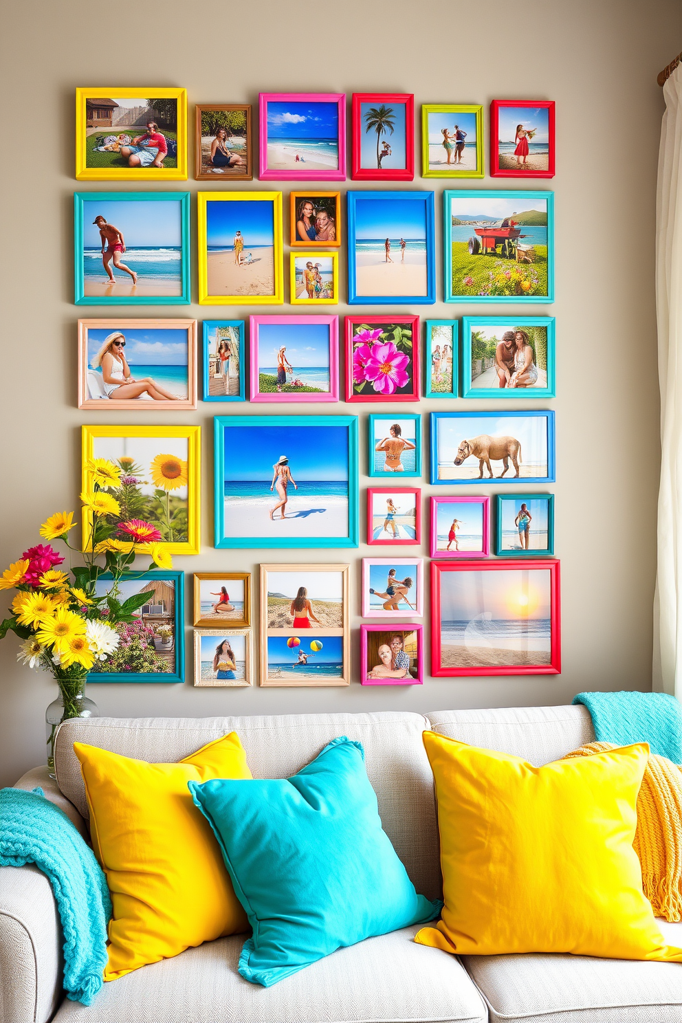 A vibrant gallery wall featuring an array of summer photos in colorful frames. The images capture sunny beach days, blooming gardens, and outdoor barbecues, bringing a cheerful and lively atmosphere to the room. Incorporate bright cushions and throws in shades of yellow and turquoise on a neutral sofa. Add fresh flowers in a vase and light, airy curtains to enhance the summery feel of the space.