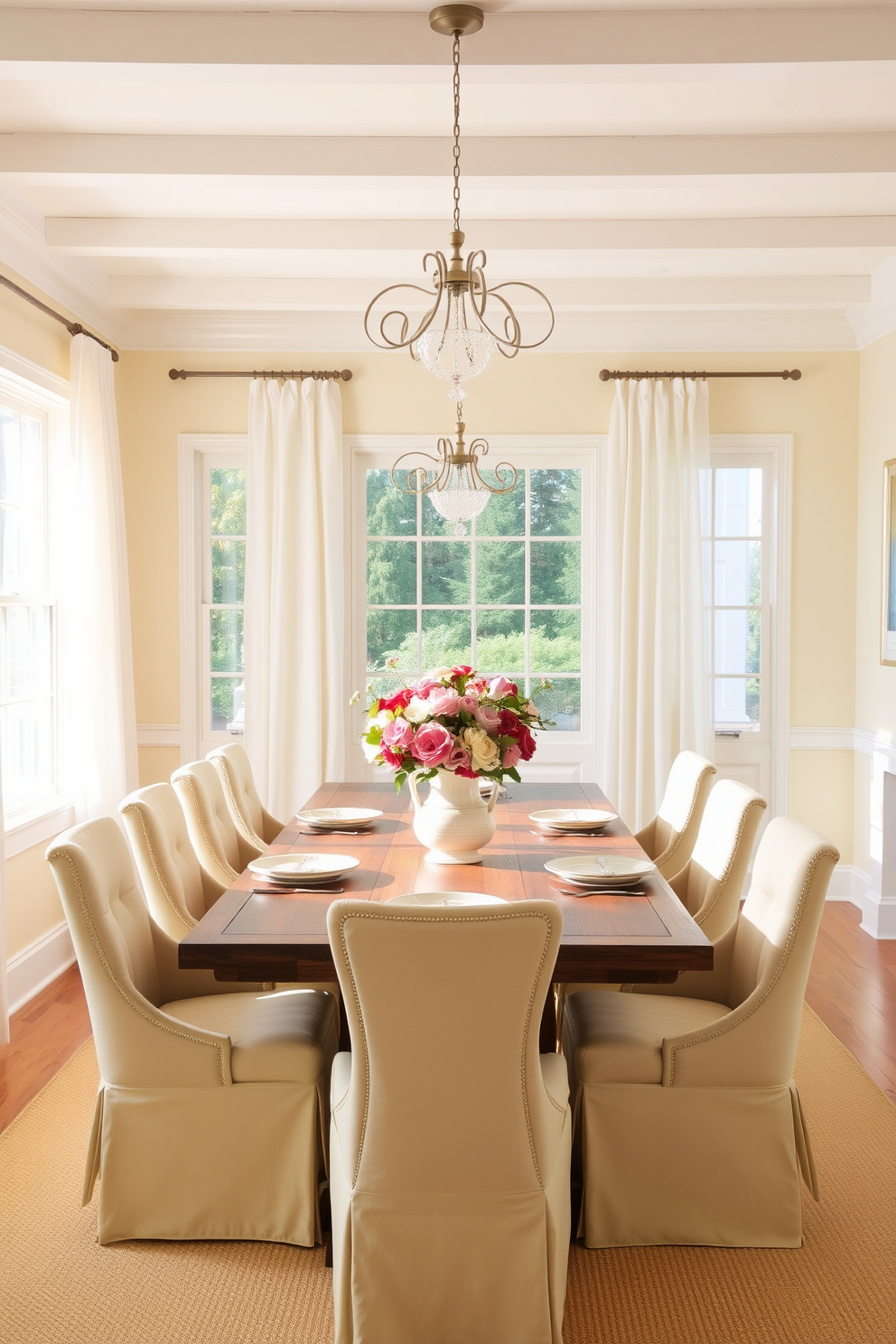 A bright summer dining room featuring light pastel color schemes on the walls. The space is adorned with a large wooden dining table surrounded by upholstered chairs in soft hues. Natural light floods the room through large windows dressed in sheer white curtains. A centerpiece of fresh flowers in a pastel vase adds a cheerful touch to the table setting.