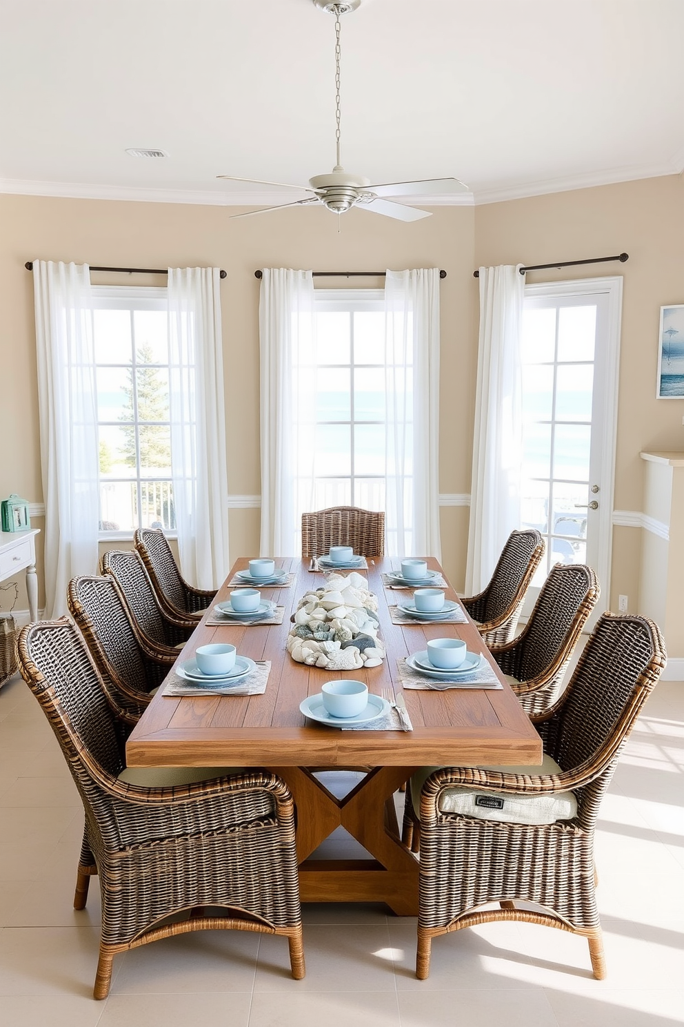 A bright and airy dining room featuring a large wooden table surrounded by comfortable wicker chairs. The table is adorned with a centerpiece of beach stones and seashells, complemented by light blue tableware and soft linen napkins. Large windows allow natural light to flood the space, with sheer white curtains gently swaying in the breeze. The walls are painted in a soft sandy beige, evoking a relaxed coastal vibe, while ocean-inspired artwork adds a touch of personality.