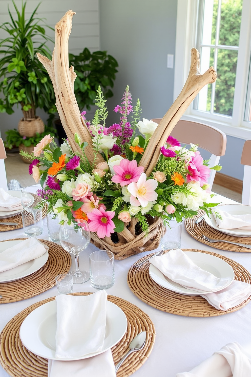 Create a centerpiece featuring a large piece of driftwood as the focal point. Surround the driftwood with an arrangement of vibrant summer flowers and soft greenery for a fresh look. Incorporate a light and airy table setting with pastel-colored plates and linen napkins. Add woven placemats to enhance the natural theme and create a relaxed dining atmosphere.