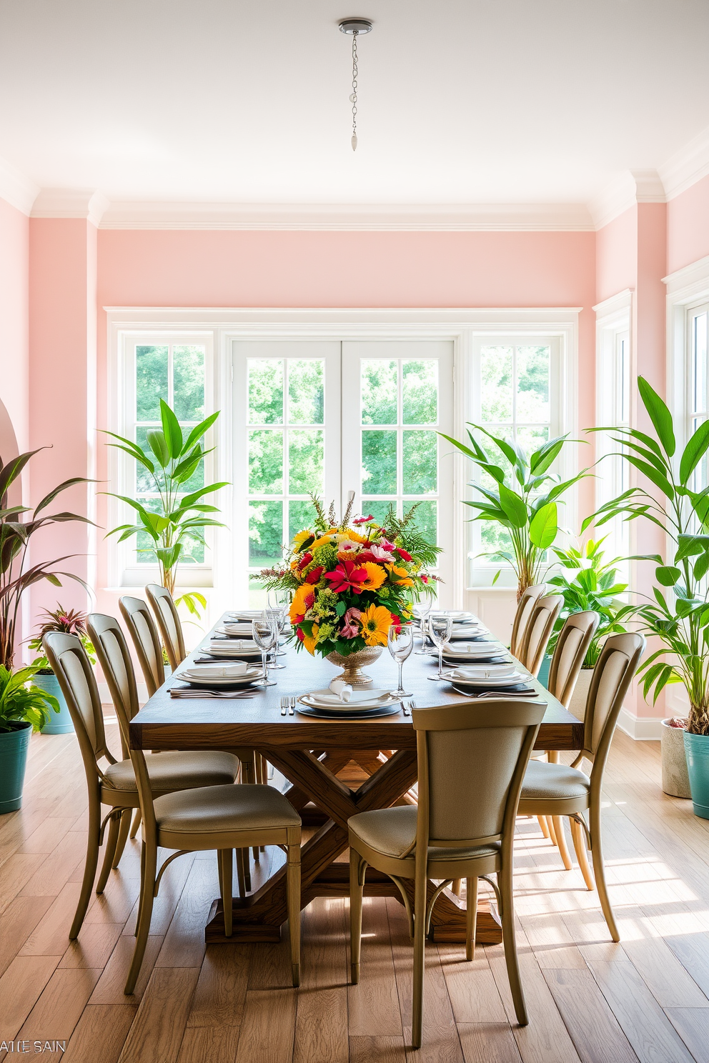 A bright and airy dining room filled with natural light. A large wooden table is surrounded by elegant chairs, and vibrant potted plants are placed at each corner of the room. The walls are adorned with soft pastel colors, creating a fresh summer vibe. A centerpiece of seasonal flowers sits on the table, complemented by stylish dinnerware and glasses.