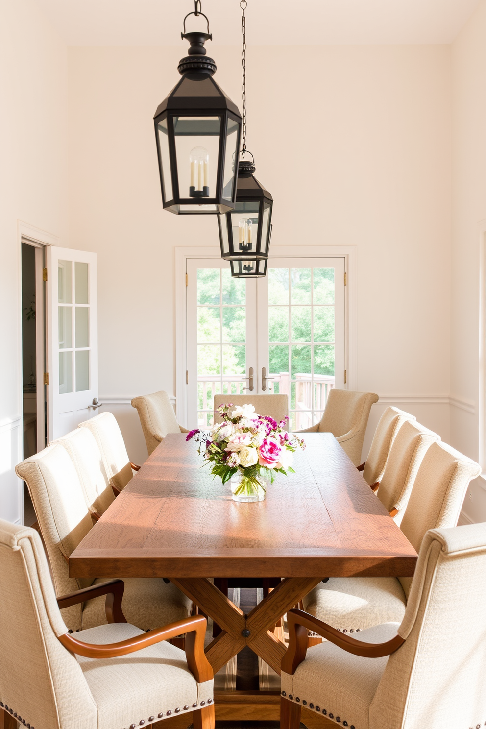 A bright and airy summer dining room features a large wooden table surrounded by comfortable upholstered chairs. Soft ambient lighting is created by elegant lanterns hanging above the table, casting a warm glow over the inviting space. The walls are painted in a light pastel color, enhancing the cheerful atmosphere. Fresh flowers are arranged in a charming centerpiece, adding a touch of nature to the decor.