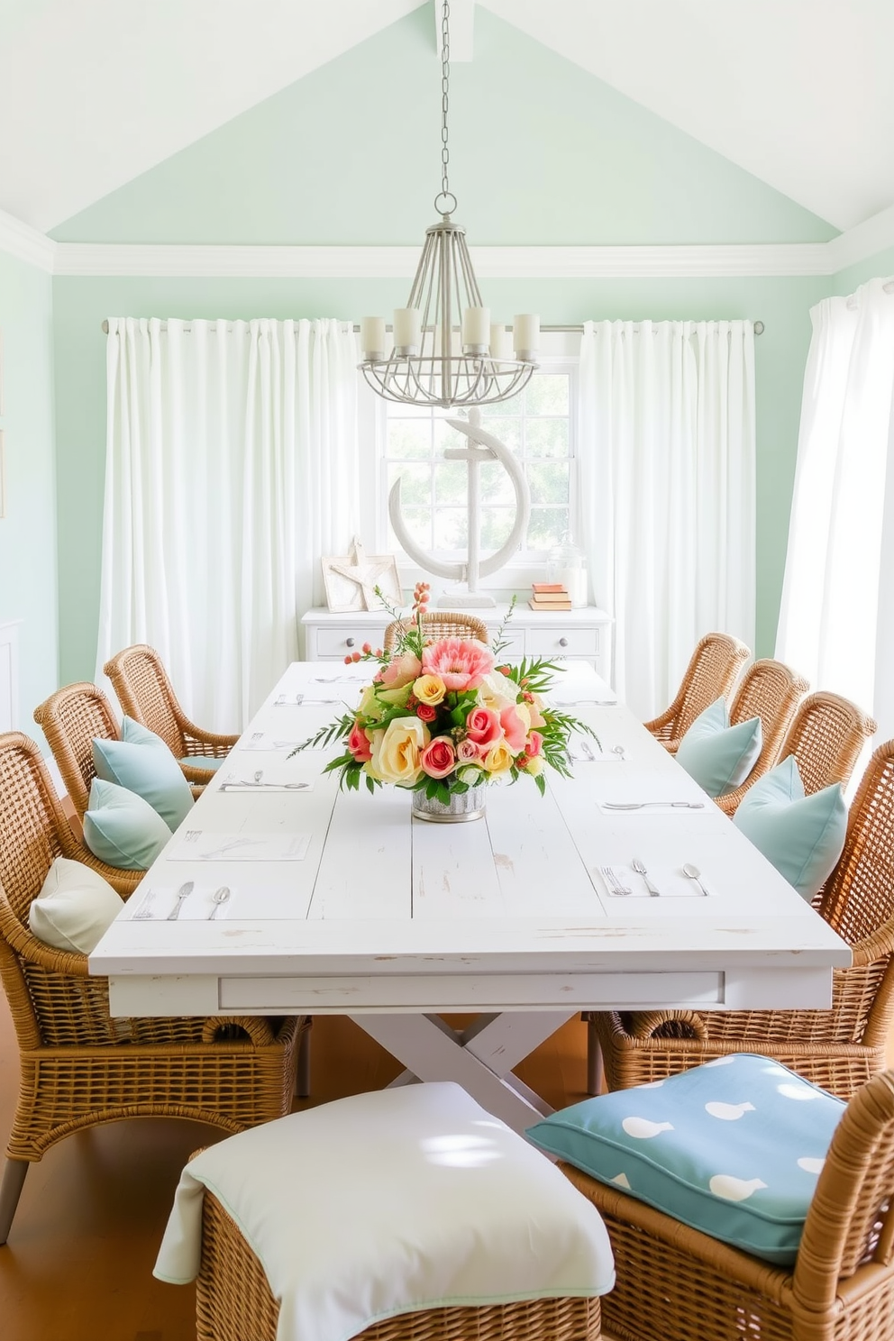 A bright and airy dining room featuring a large whitewashed wooden table surrounded by woven rattan chairs. The walls are painted in soft seafoam green, and light blue accents are incorporated through table linens and decorative pillows. Natural light floods the space through sheer white curtains, creating a breezy atmosphere. A centerpiece of fresh flowers in shades of coral and peach adds a pop of color, while nautical-themed decor elements subtly enhance the coastal vibe.