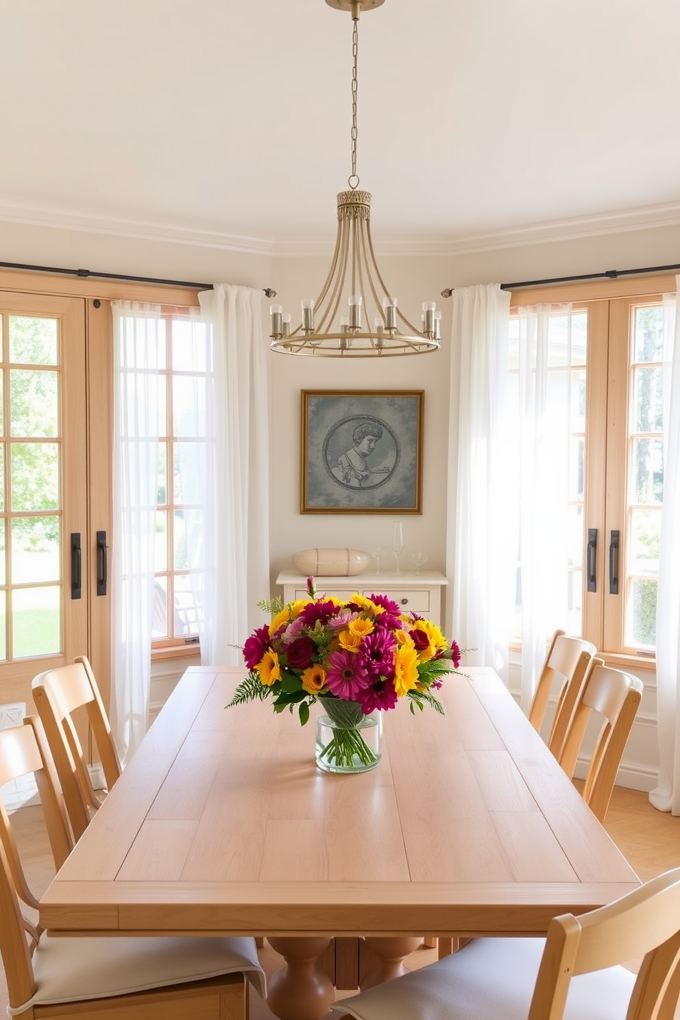 A bright and airy dining room features light wood furniture that enhances the freshness of the space. The table is surrounded by comfortable chairs with soft cushions, creating an inviting atmosphere for summer gatherings. Natural light floods the room through large windows adorned with sheer white curtains. A centerpiece of vibrant seasonal flowers adds a pop of color to the light wood dining table.