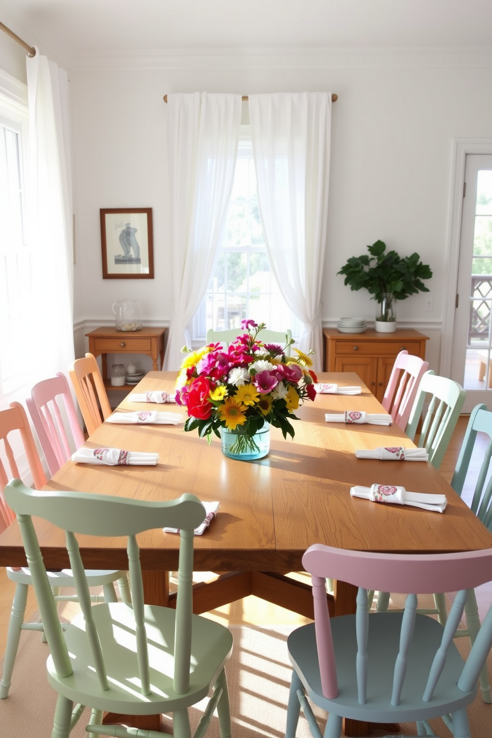 A bright and airy summer dining room featuring a large wooden table surrounded by mismatched chairs in pastel colors. The table is elegantly set with whimsical napkin rings that add a touch of charm to the overall decor. Sunlight streams in through large windows adorned with sheer white curtains, illuminating the space with a warm glow. Fresh flowers in a colorful vase serve as a vibrant centerpiece, enhancing the cheerful atmosphere of the room.