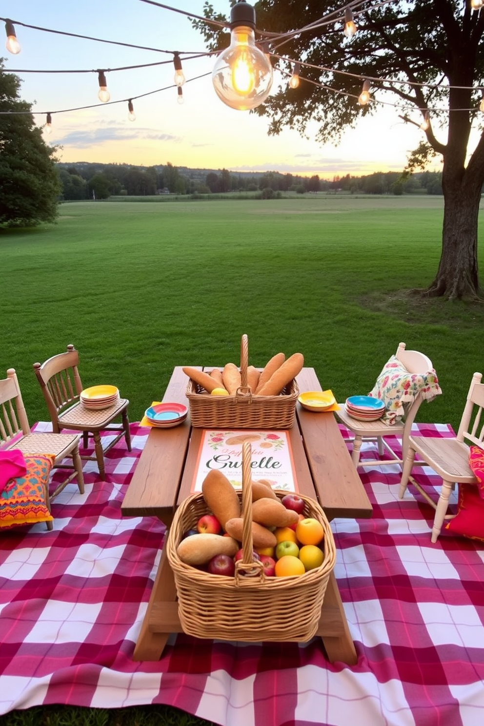 A charming picnic-style dining setup is arranged on a large checkered blanket spread across a lush green lawn. A rustic wooden table, adorned with colorful plates and vibrant napkins, is surrounded by mismatched chairs and cushions for comfort. In the center of the table, a large wicker basket overflows with fresh fruits and artisanal bread. String lights hang above, casting a warm glow as the sun sets, creating an inviting atmosphere for al fresco dining.