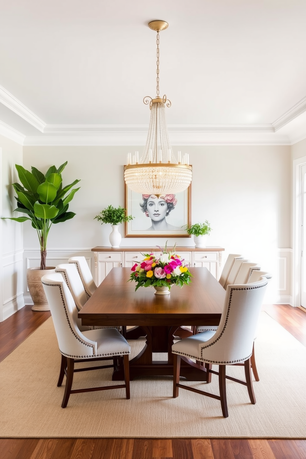 A bright and airy summer dining room featuring a large wooden table surrounded by elegant upholstered chairs. Above the table, a stunning statement chandelier casts a warm glow, enhancing the inviting atmosphere of the space. The walls are adorned with light pastel colors, creating a fresh and cheerful ambiance. Lush greenery in decorative pots and a centerpiece of vibrant flowers add a touch of nature, completing the seasonal decor.