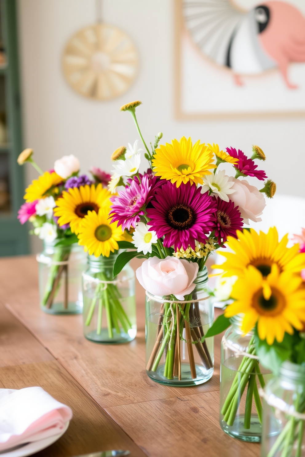 Fresh flower centerpieces in mason jars create a vibrant and inviting atmosphere for your summer dining room. Arrange an assortment of colorful blooms such as sunflowers, daisies, and peonies in the jars to enhance the seasonal charm. Pair the mason jar centerpieces with a rustic wooden dining table to achieve a warm and welcoming look. Complement the decor with light, airy table linens and soft pastel dishware to complete the summer dining experience.