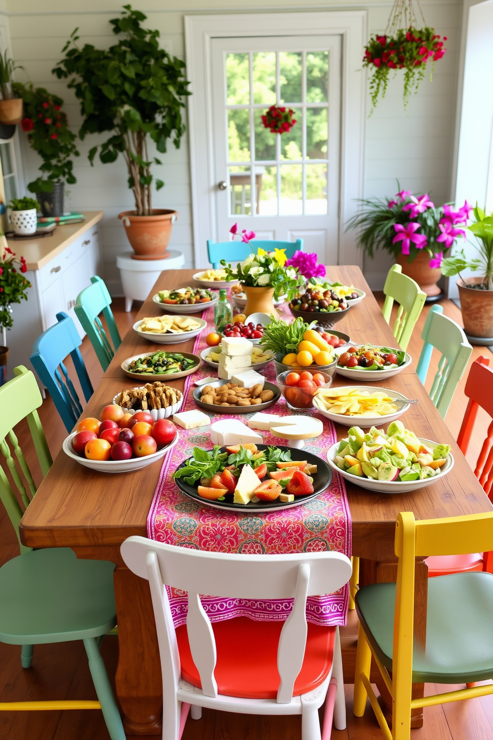 A vibrant summer dining room features a long wooden table adorned with a colorful tablecloth. Fresh fruits, artisanal cheeses, and a variety of salads are beautifully arranged on the table for a buffet-style spread. Surrounding the table are mismatched chairs in cheerful colors, creating a relaxed and inviting atmosphere. Potted plants and floral arrangements add a touch of nature, enhancing the summer vibe of the space.