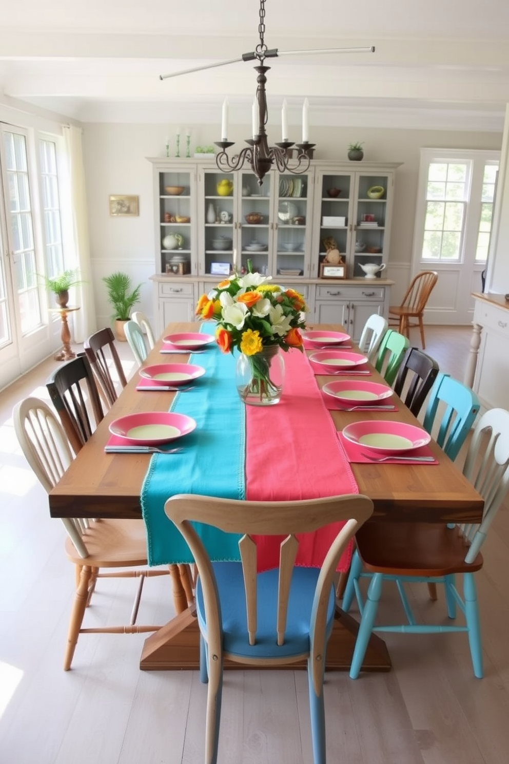 A bright and airy dining room filled with natural light. A large wooden table is set with vibrant table runners in shades of turquoise and coral, adding a cheerful pop of color. Around the table, mismatched chairs create an eclectic yet inviting atmosphere. Fresh flowers in a clear vase sit at the center, complemented by colorful dinnerware that enhances the summer theme.