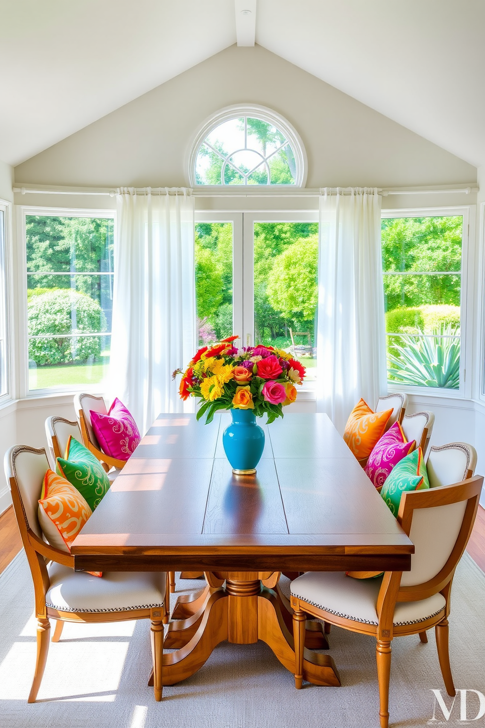 A bright and airy summer dining room filled with natural light. The centerpiece is a large wooden dining table surrounded by elegantly upholstered chairs adorned with vibrant throw pillows in various colors and patterns. A large window showcases a view of a lush garden, with sheer white curtains gently swaying in the breeze. Fresh flowers in a colorful vase sit in the middle of the table, complementing the cheerful atmosphere of the space.