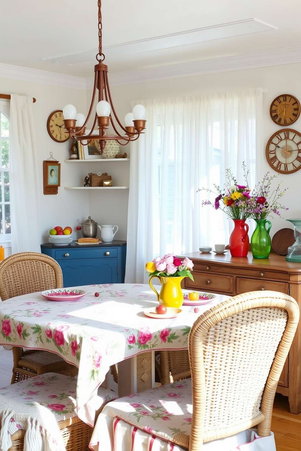 A charming dining room adorned with vintage summer decor. The table is set with floral-patterned tablecloths and mismatched china, surrounded by wicker chairs that evoke a relaxed, coastal vibe. Sunlight streams through sheer white curtains, illuminating the space with a warm glow. Fresh fruit and wildflowers in colorful pitchers add a cheerful touch to the rustic wooden sideboard.