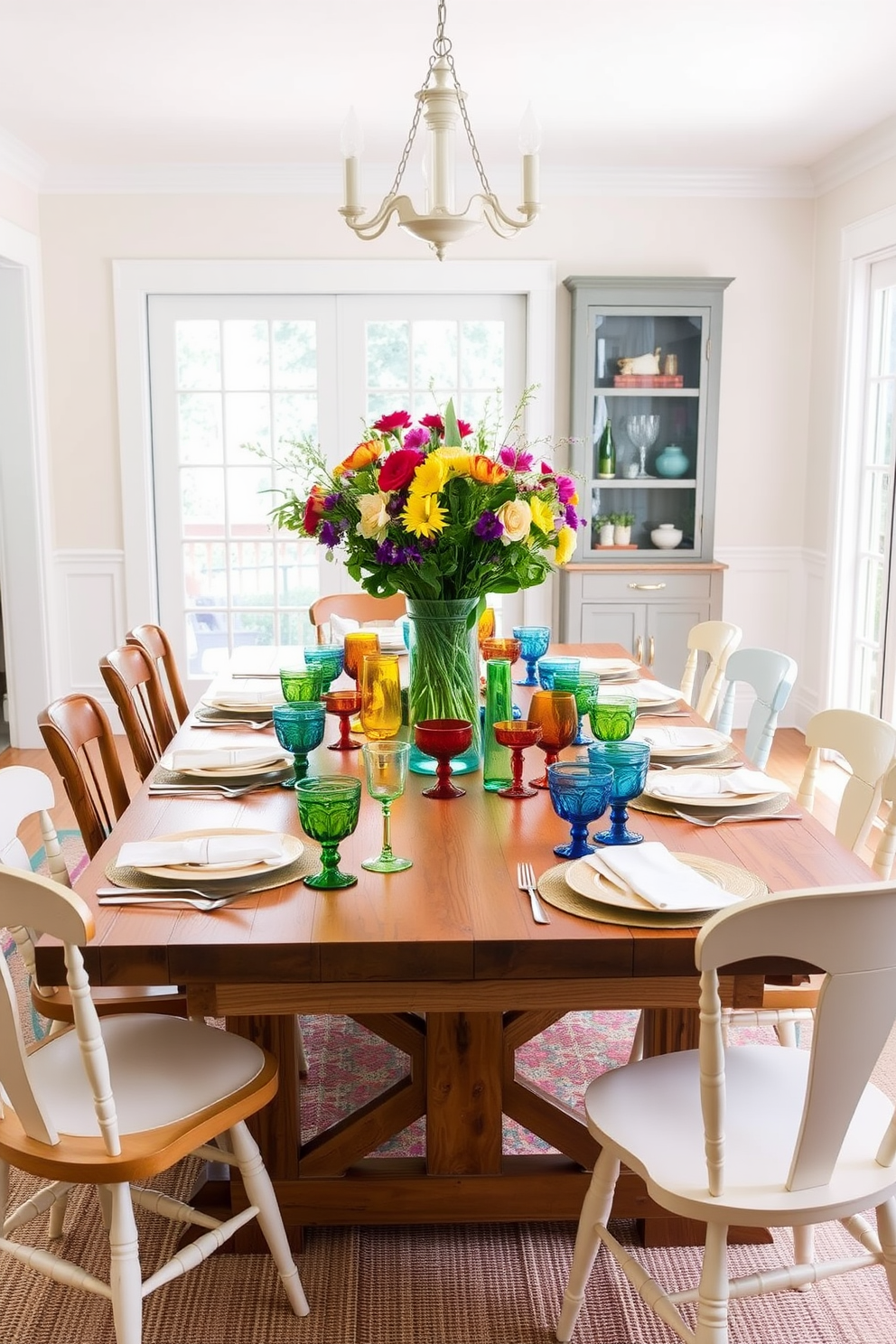 A bright and airy dining room features a large wooden table set for a summer gathering. The table is adorned with an assortment of colored glassware in shades of blue, green, and amber, adding a festive touch to the setting. Around the table, mismatched chairs create an inviting and casual atmosphere. Fresh flowers in a vibrant vase sit at the center, complementing the colorful glassware and enhancing the cheerful summer vibe.