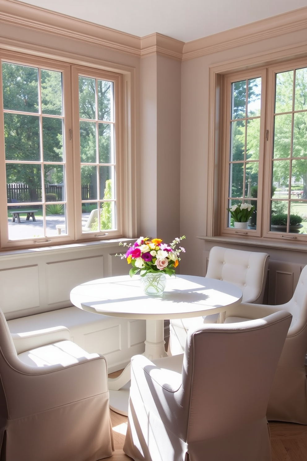 Create a sunlit corner with seating featuring a large round table surrounded by comfortable upholstered chairs in soft pastel colors. Large windows allow natural light to flood the space, and a vibrant floral centerpiece adds a touch of freshness to the table.