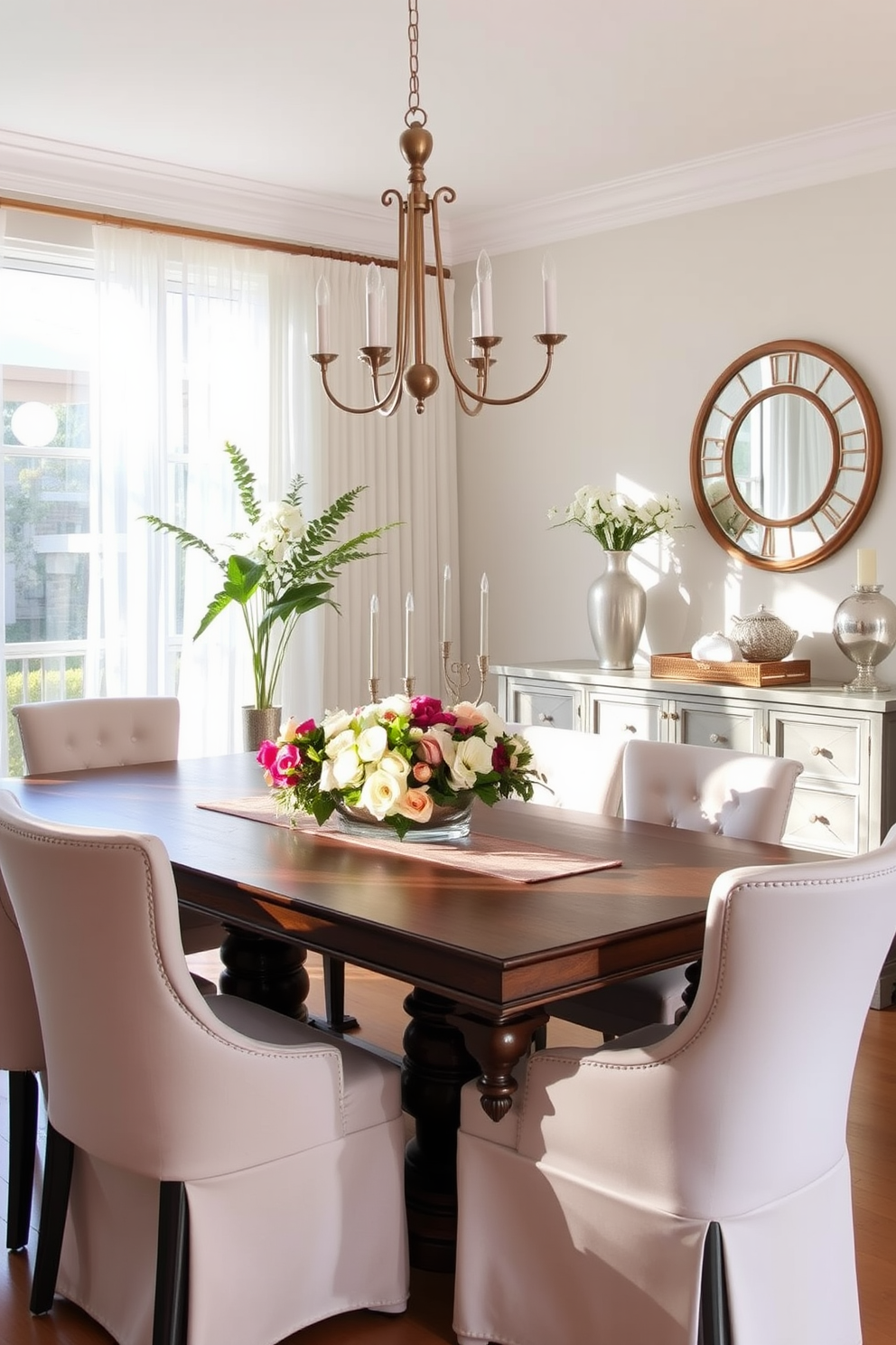 A bright and airy dining room featuring a large wooden table surrounded by elegant upholstered chairs. The table is adorned with a chic centerpiece of fresh flowers and metallic candle holders that add a touch of sophistication. Soft sunlight filters through sheer curtains, illuminating the space and highlighting the metallic accents in the light fixtures and decorative elements. A stylish sideboard with a metallic finish complements the overall decor, creating a harmonious summer ambiance.