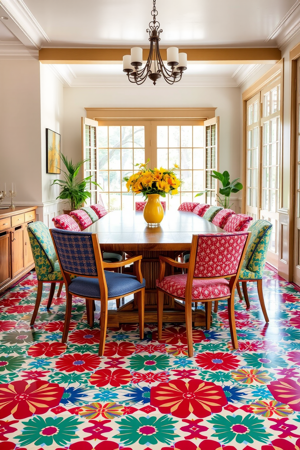 A vibrant summer dining room featuring a large wooden table surrounded by colorful upholstered chairs. The floor is adorned with bold patterned tiles that create a striking focal point in the space. Natural light floods the room through large windows, enhancing the cheerful atmosphere. Fresh flowers in a bright vase sit at the center of the table, adding a touch of elegance and warmth.