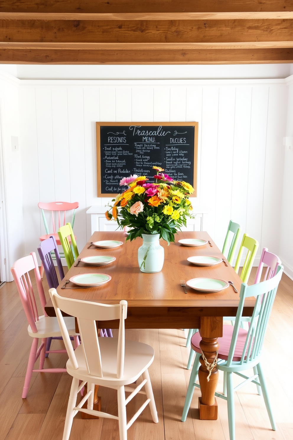 A bright and airy dining room features a large wooden table set for summer gatherings. Surrounding the table are mismatched chairs in pastel colors, creating a playful yet cohesive look. On one wall, a chalkboard is mounted, displaying seasonal menus in elegant handwriting. Fresh flowers in vibrant hues sit in a vase at the center of the table, enhancing the cheerful atmosphere.