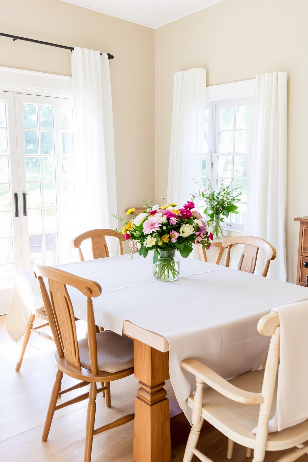 A bright and airy dining room features a large wooden table draped with soft linen tablecloths in a light pastel color. Surrounding the table are mismatched wooden chairs that add a rustic charm, complemented by a centerpiece of fresh seasonal flowers in a simple vase. Natural light floods the space through large windows adorned with sheer white curtains. The walls are painted in a soft beige, creating a warm and inviting atmosphere perfect for summer gatherings.