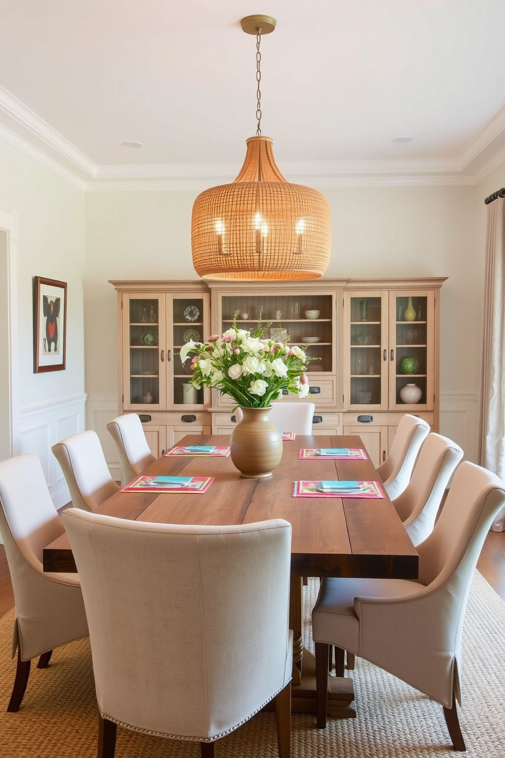 A bright and airy dining room features a large wooden table with a rustic finish surrounded by upholstered chairs in a light fabric. The walls are painted in a soft pastel hue, and a woven jute rug adds warmth underfoot. Above the table, a statement chandelier made of natural materials hangs gracefully, casting a warm glow. Fresh flowers in a ceramic vase adorn the table, while colorful placemats add a pop of color to the setting.