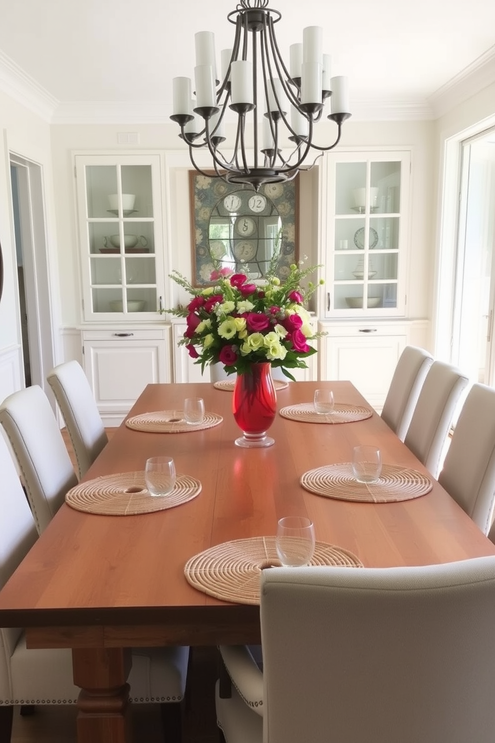 A bright and airy dining room features a large wooden table surrounded by elegant upholstered chairs. Woven placemats are artfully arranged on the table, adding texture and warmth to the summer setting. Above the table, a statement chandelier illuminates the space with a soft glow. Fresh flowers in a vibrant vase serve as a centerpiece, enhancing the cheerful ambiance of the room.