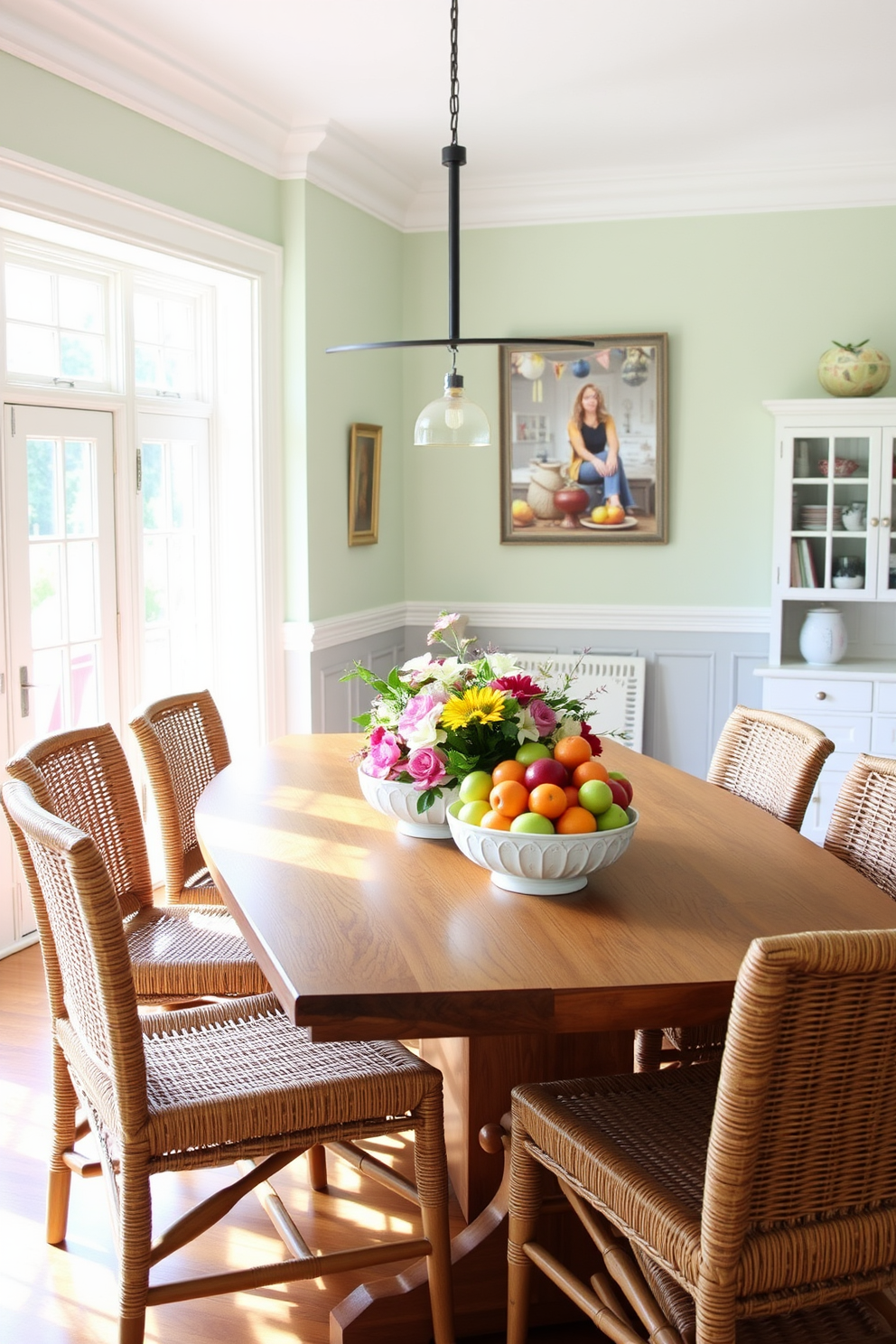 A bright and airy dining room filled with natural light. A large wooden table is surrounded by woven chairs, and on the table, decorative bowls filled with vibrant seasonal fruits add a pop of color. The walls are painted in a soft pastel hue, complementing the cheerful atmosphere. A stylish centerpiece of fresh flowers sits alongside the fruit bowls, enhancing the summer vibe.