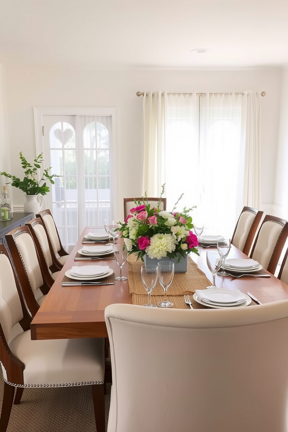 A bright and inviting dining room features a large wooden table surrounded by elegant upholstered chairs. The walls are painted in a soft white, and natural light floods in through sheer curtains that create an airy atmosphere. A centerpiece of fresh flowers adorns the table, complemented by stylish dinnerware and glassware. Decorative accents like a woven runner and subtle greenery enhance the summer vibe, making it perfect for entertaining guests.