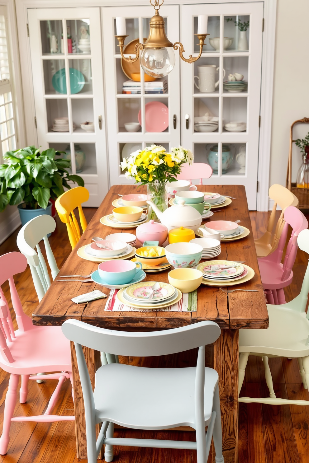 A vibrant summer dining room setting featuring a mix and match of colorful dinnerware sets arranged on a rustic wooden table. Surrounding the table are mismatched chairs in various pastel shades, creating a cheerful and inviting atmosphere.