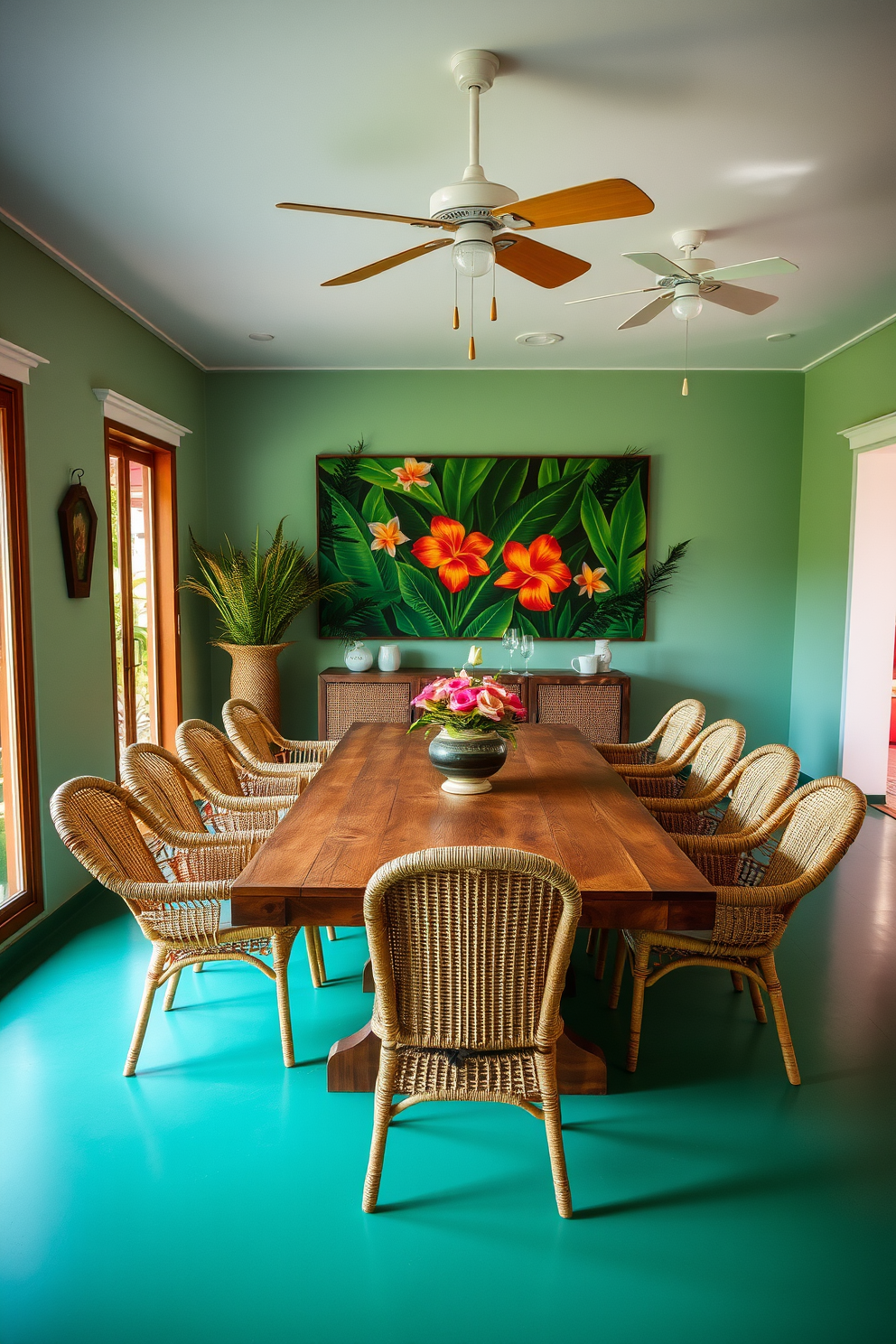 A vibrant summer dining room with a large wooden table surrounded by rattan chairs. The walls are adorned with tropical-themed artwork featuring lush greenery and colorful flowers.