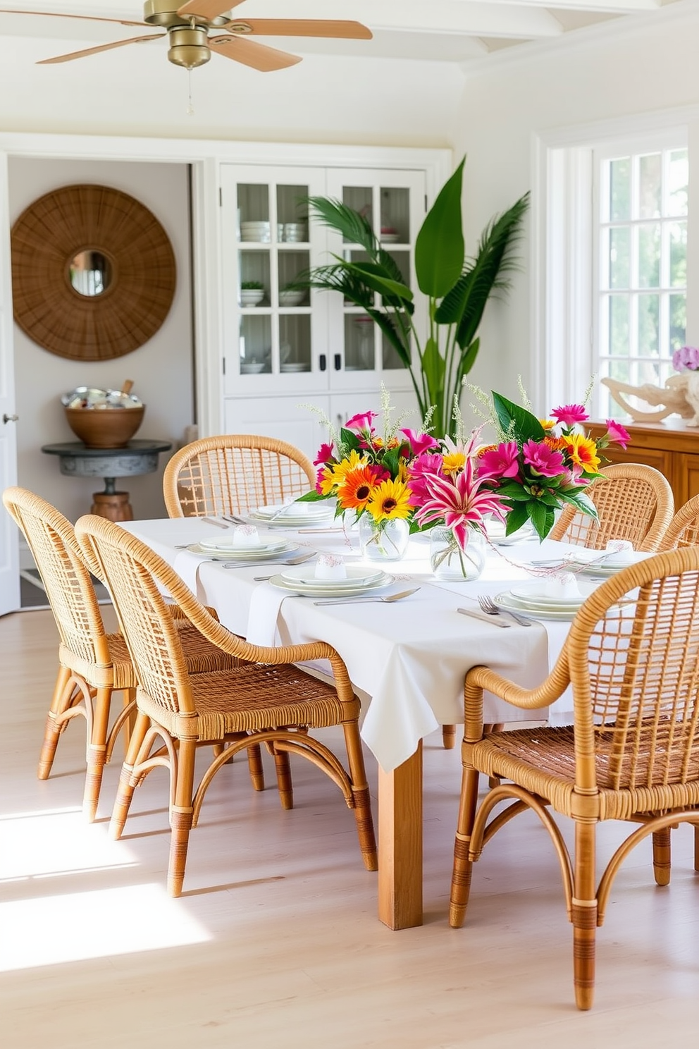 A bright summer dining room featuring rattan chairs that evoke a beachy atmosphere. The table is set with a light linen tablecloth, and tropical centerpieces filled with vibrant flowers add a pop of color.