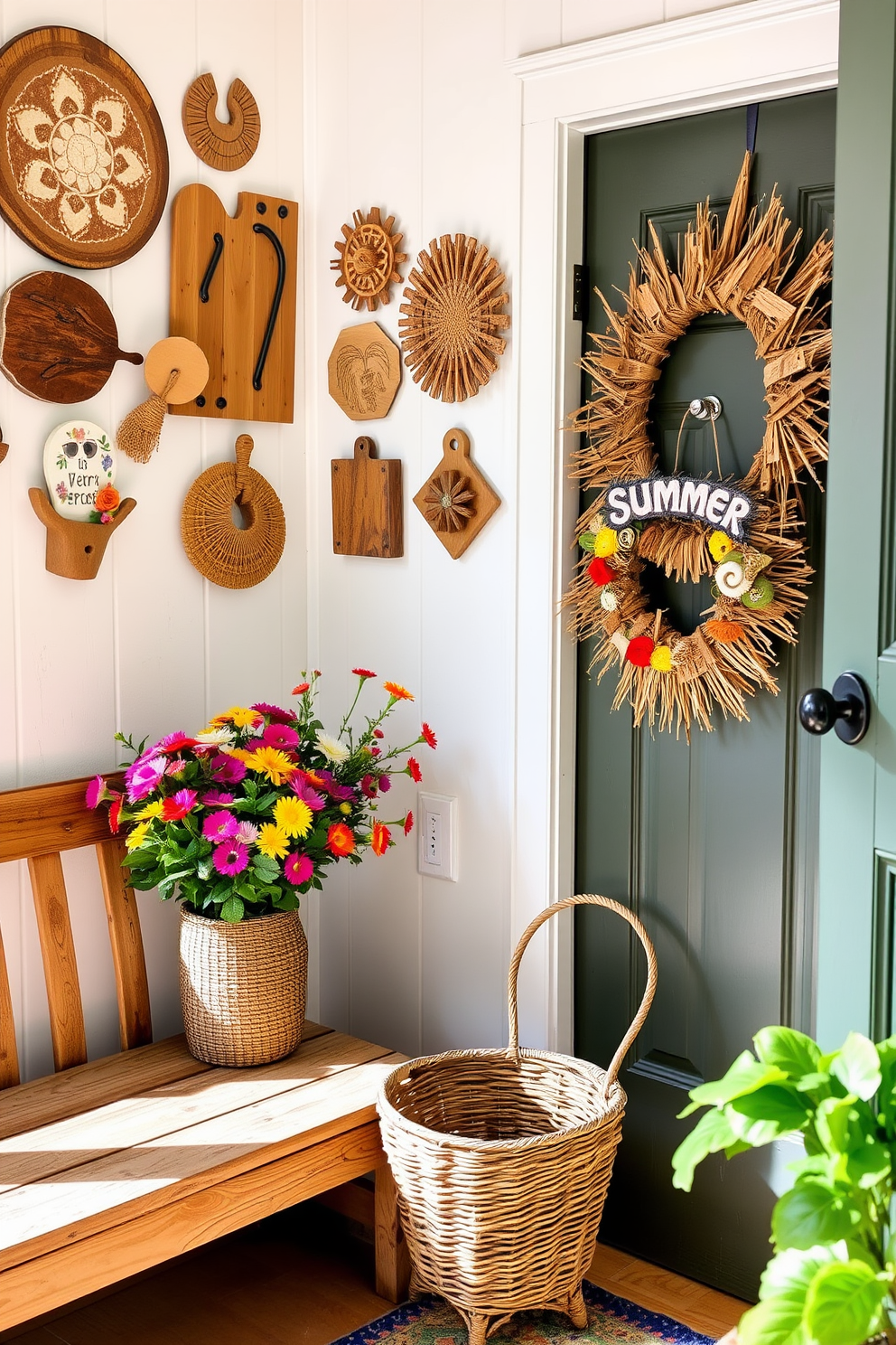 A bright and inviting entryway adorned with handmade crafts creates a welcoming atmosphere. A woven basket filled with colorful summer flowers sits beside a rustic wooden bench, inviting guests to pause and appreciate the details. On the wall, a collection of handcrafted art pieces showcases local artisans, adding character and charm. A playful summer-themed wreath, made from natural materials, hangs on the door, setting the tone for a cheerful entry.