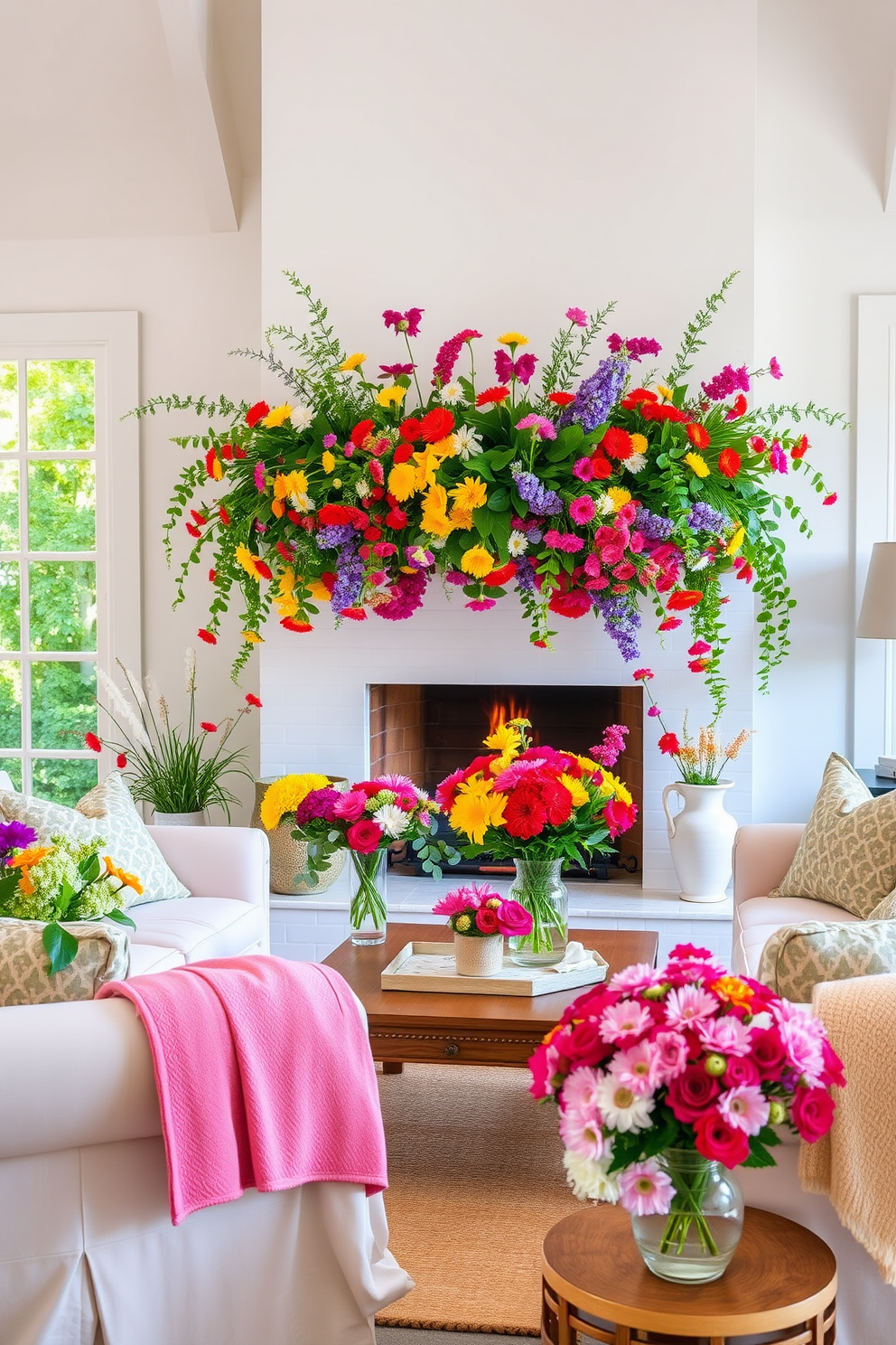 A bright and inviting living room filled with colorful floral arrangements in various vases. The summer fireplace is adorned with vibrant blooms, creating a cheerful focal point that enhances the warmth of the space. Lush greenery complements the colorful flowers, bringing a fresh and lively atmosphere. Soft, light fabrics drape over the furniture, adding to the summer vibe while the fireplace remains a cozy centerpiece.