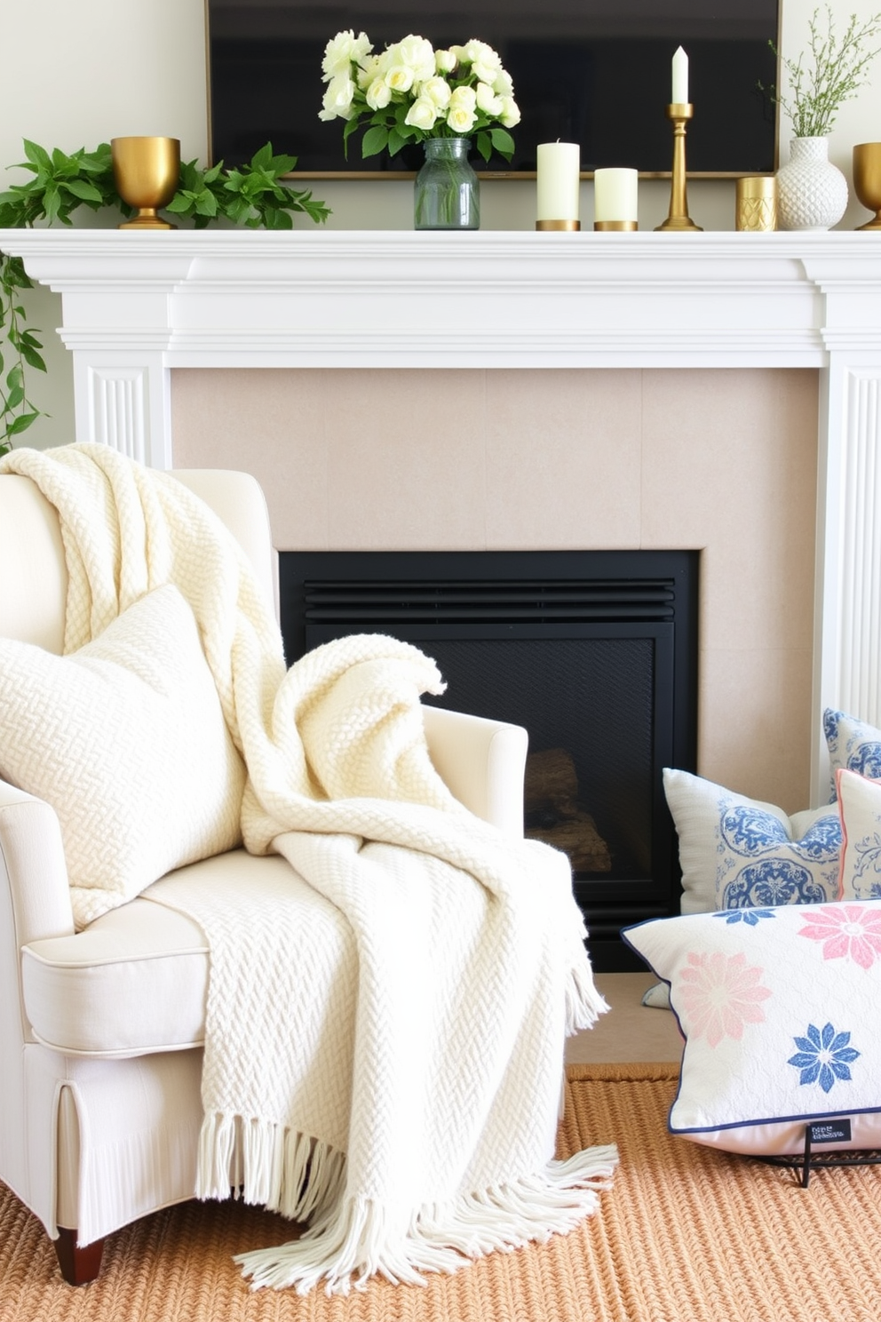 Create a cozy summer fireplace setting that emphasizes layered textures with soft fabrics. Incorporate plush throw blankets in light pastel colors draped over a comfortable armchair beside the fireplace. Adorn the mantel with seasonal decor such as fresh flowers in a vase and decorative candles of varying heights. Surround the fireplace with a woven rug and accent pillows to enhance the inviting atmosphere.