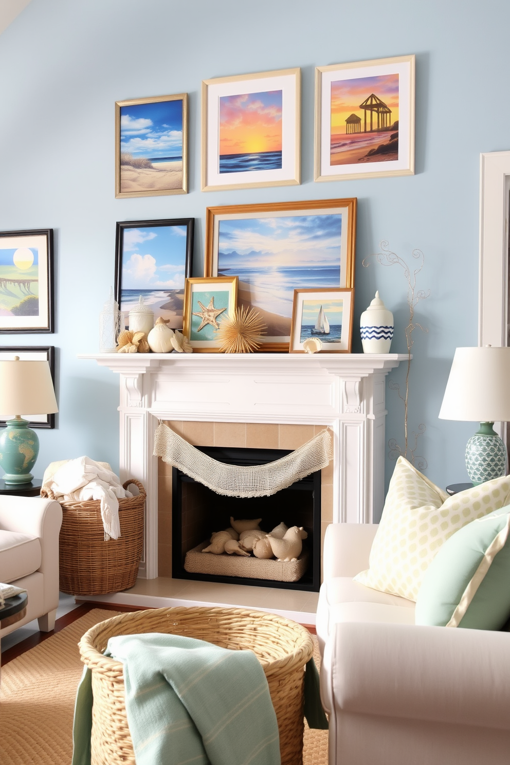 A cozy living room adorned with summer-themed artwork that features vibrant landscapes and beach scenes. The walls are painted in a soft blue hue, complementing the light-colored furniture and creating a refreshing atmosphere. A stylish fireplace decorated with seasonal accents such as seashells and driftwood. Above the mantel, a collection of framed summer prints adds a cheerful touch, while a woven basket filled with cozy blankets sits nearby for added comfort.