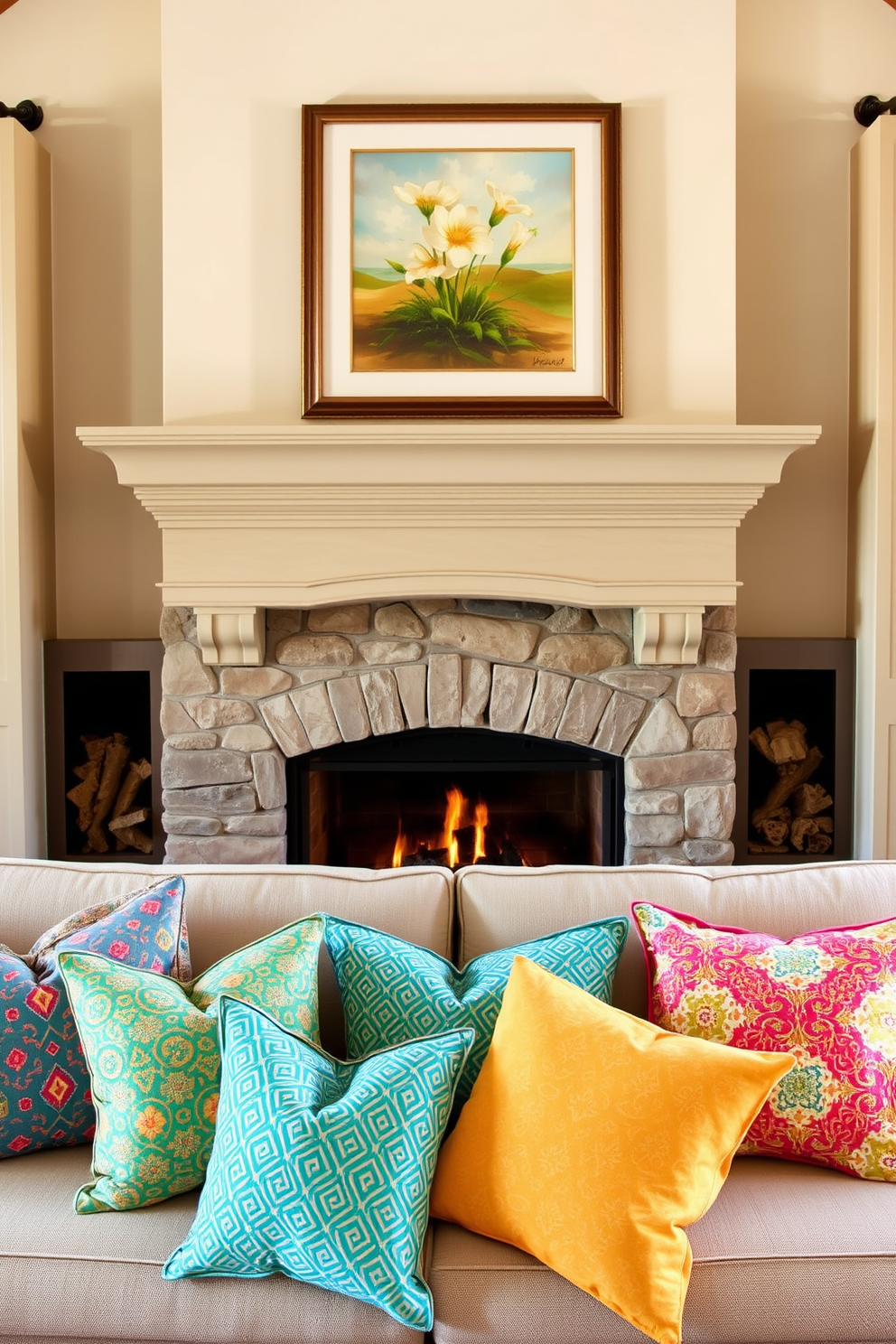 A cozy summer living room features a stunning fireplace adorned with a beautiful mantel. Vibrant throw pillows in various patterns and colors are arranged on a plush sofa, inviting relaxation and warmth. The fireplace is surrounded by natural stone, creating a rustic yet elegant focal point. Above the mantel, a piece of artwork complements the vibrant pillows, adding a touch of personality to the space.