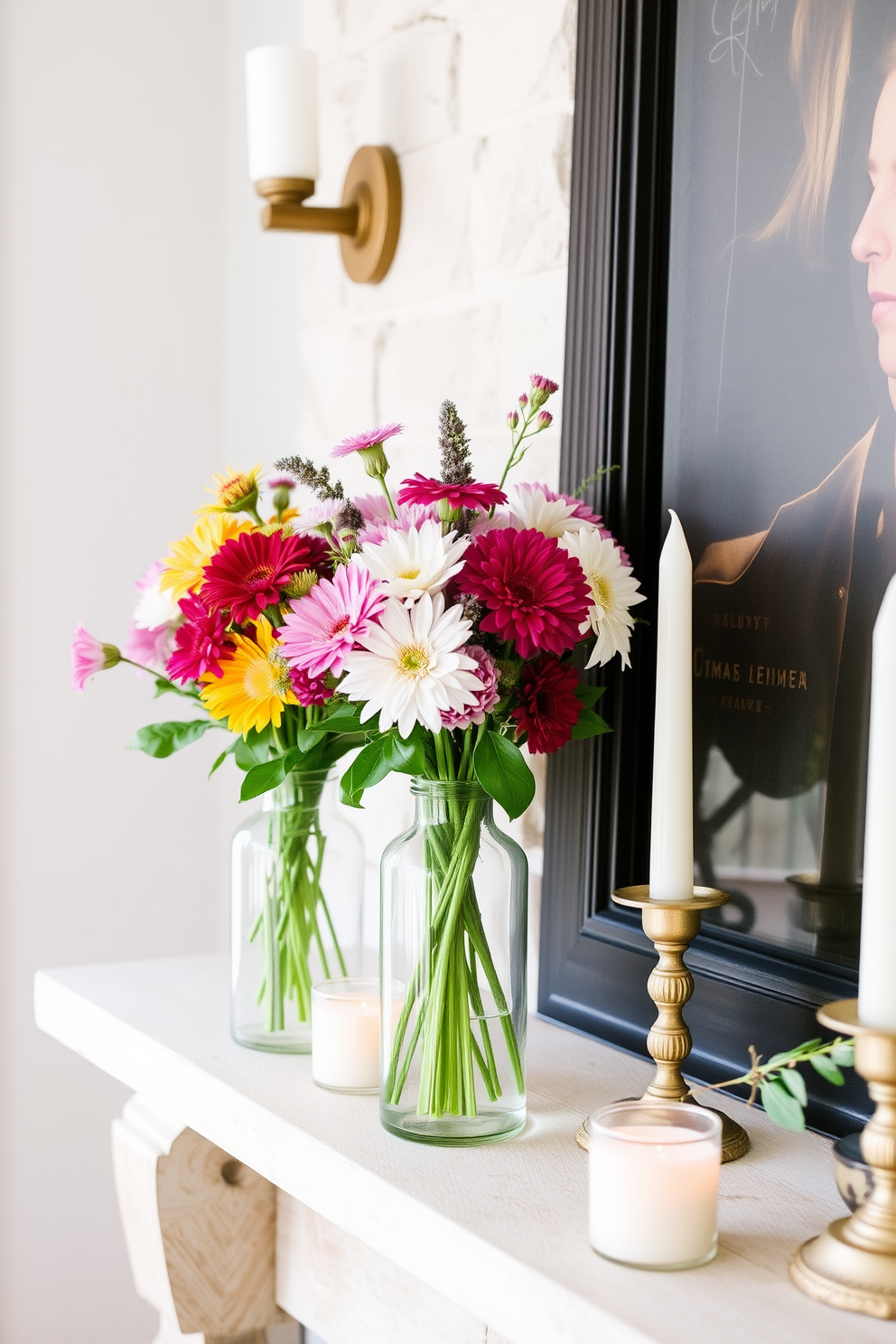 Create a cozy summer fireplace setting that features glass vases filled with vibrant seasonal flowers. The fireplace mantel is adorned with a mix of textured candles and natural elements, creating a breezy and inviting atmosphere.