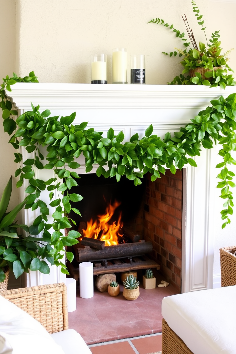 A cozy summer fireplace setting. The fireplace is adorned with a simple garland of lush green leaves, creating a fresh and inviting atmosphere. On the mantel, there are decorative candles in varying heights and a few small potted succulents. The surrounding area features a comfortable seating arrangement with light, airy cushions to enhance the summer vibe.