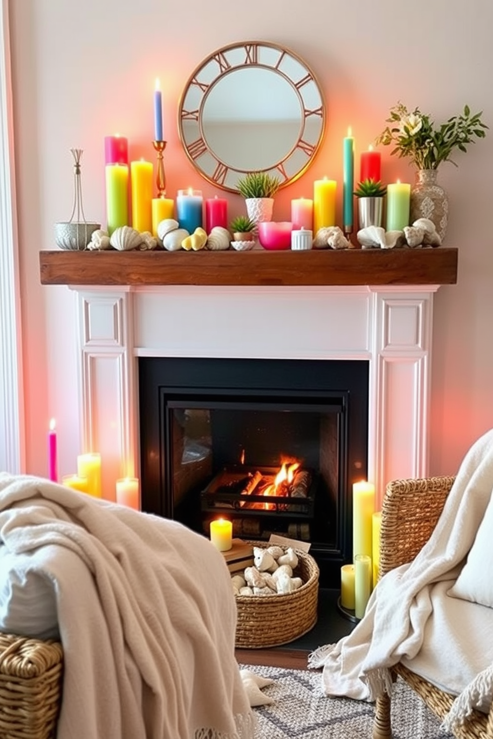 Create a cozy summer fireplace setting adorned with bright colored candles. The fireplace is surrounded by a collection of vibrant candles in various heights, casting a warm glow and creating an inviting atmosphere. Arrange a mix of decorative elements such as seashells and small potted plants on the mantelpiece. Soft, light-colored throws drape over the nearby seating to enhance the summer vibe.