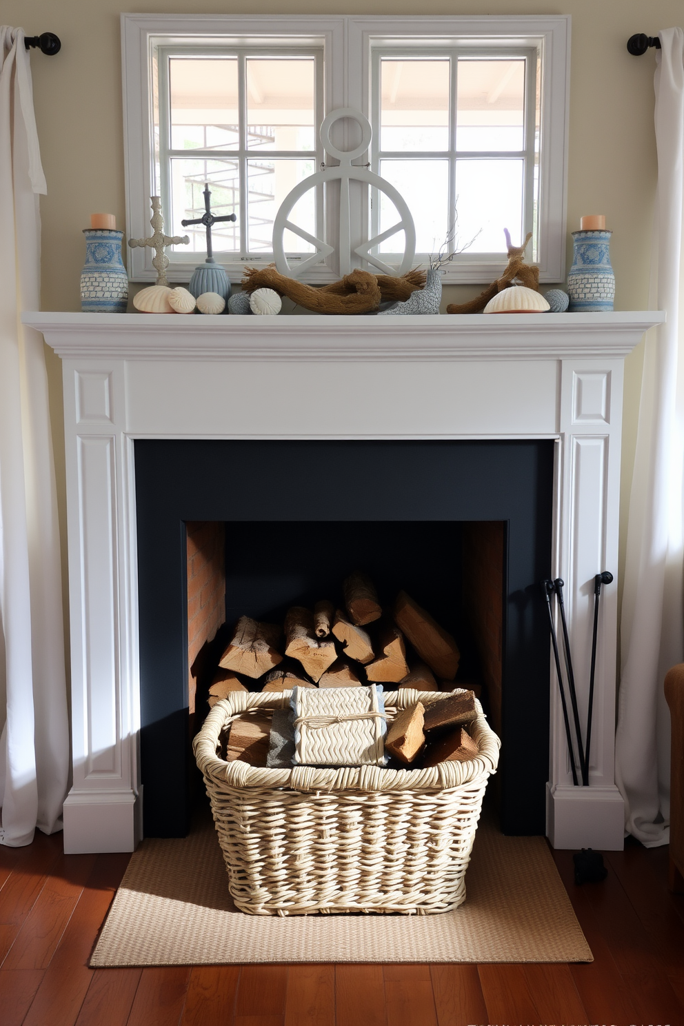 A cozy living room with a subtle nautical theme. The fireplace is adorned with soft blue and white accents, featuring a collection of seashells and driftwood on the mantel. On the hearth, a stack of neatly arranged firewood is complemented by a woven basket. Light, airy curtains frame the windows, allowing natural light to enhance the warm ambiance of the space.