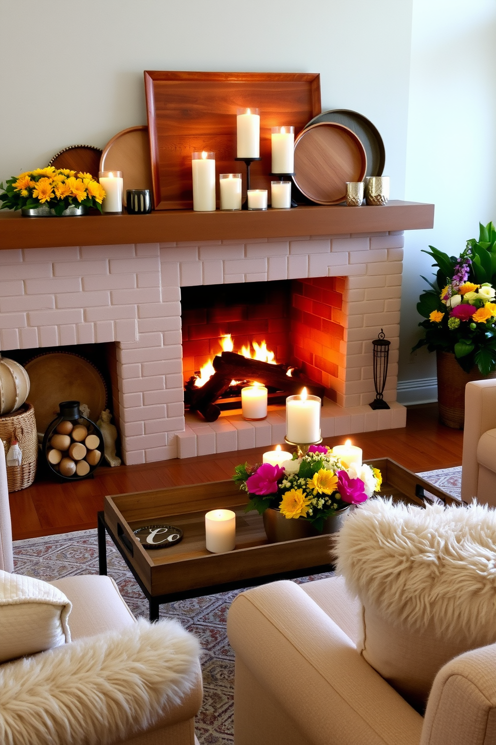 A cozy living room setting with a stylish summer fireplace. The fireplace is adorned with a variety of decorative trays in different sizes and materials, including wood and metal, creating an inviting focal point. On the mantel, a collection of vibrant candles and seasonal flowers complement the trays. Plush seating arrangements are positioned nearby, inviting relaxation and warmth during summer evenings.