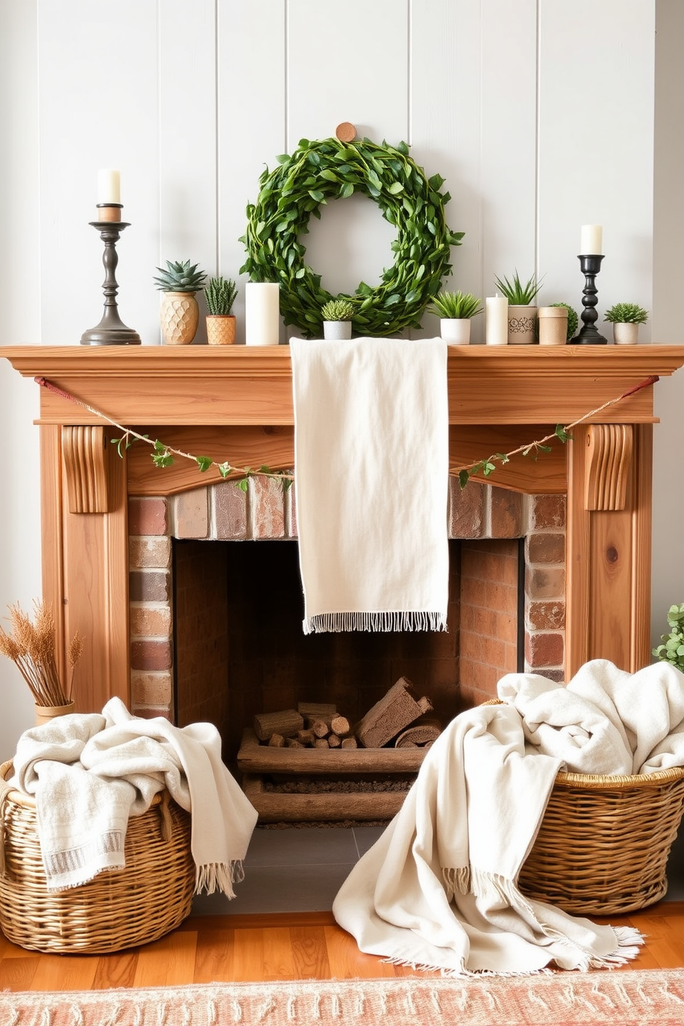 A cozy summer fireplace setting. The fireplace is adorned with a light-colored table runner that drapes elegantly over the mantel, complementing the natural wood tones of the surrounding decor. On the mantel, there are decorative elements like small potted plants and candles in varying heights. A woven basket filled with soft throws sits nearby, inviting warmth and comfort to the space.