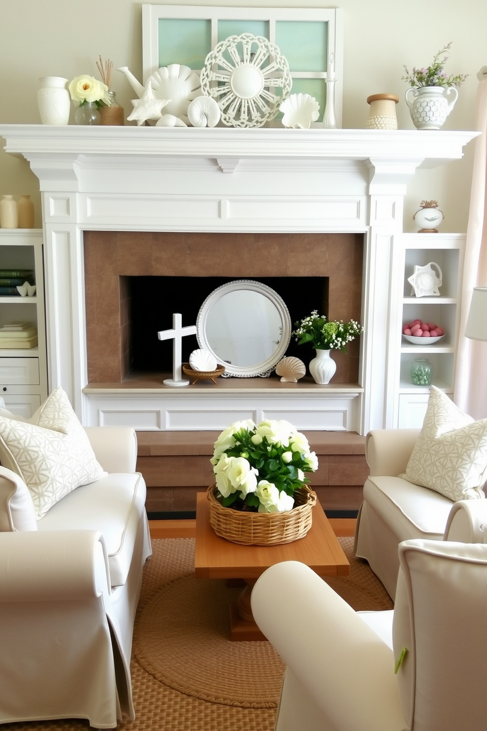 A cozy living room setting with a summer-themed fireplace. The mantel is adorned with light pastel decorations, including seashells and soft floral arrangements. The fireplace itself is painted in a soft white, creating a bright focal point. Surrounding the fireplace are comfortable seating options in light fabrics, complemented by pastel throw pillows and a woven rug.