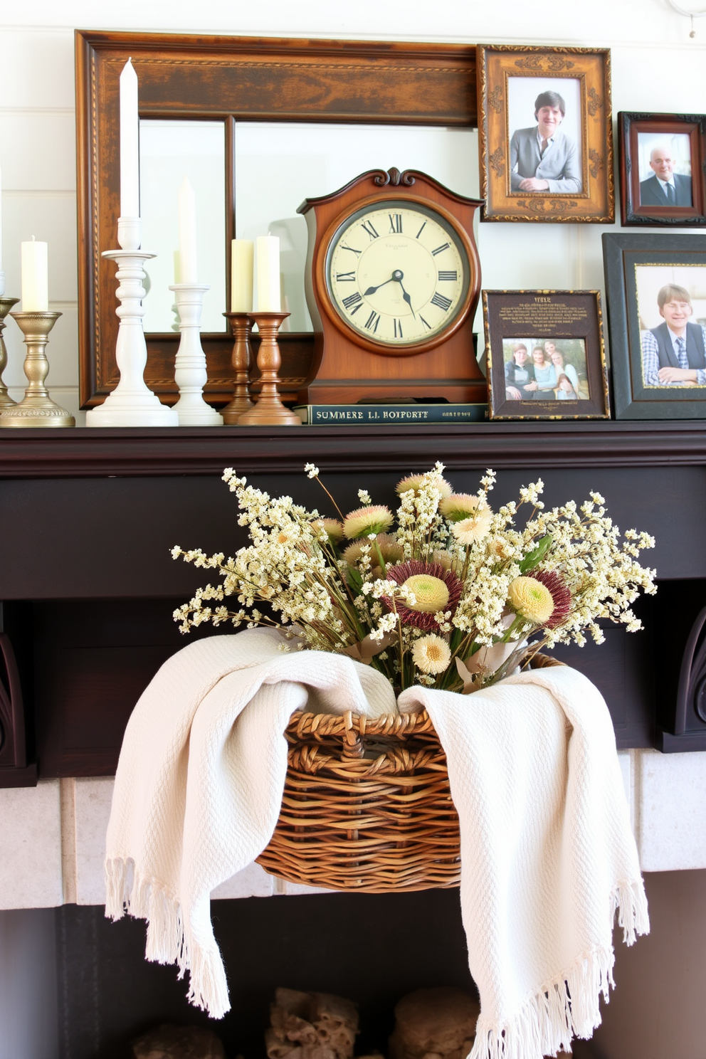 Create a cozy summer fireplace setting that incorporates vintage finds for unique touches. Arrange an assortment of antique candlesticks and a weathered wooden mantel clock on the mantelpiece alongside a collection of vintage books. Adorn the fireplace with a rustic woven basket filled with dried flowers and soft blankets. Use a mix of vintage picture frames displaying family photos to add a personal touch to the decor.