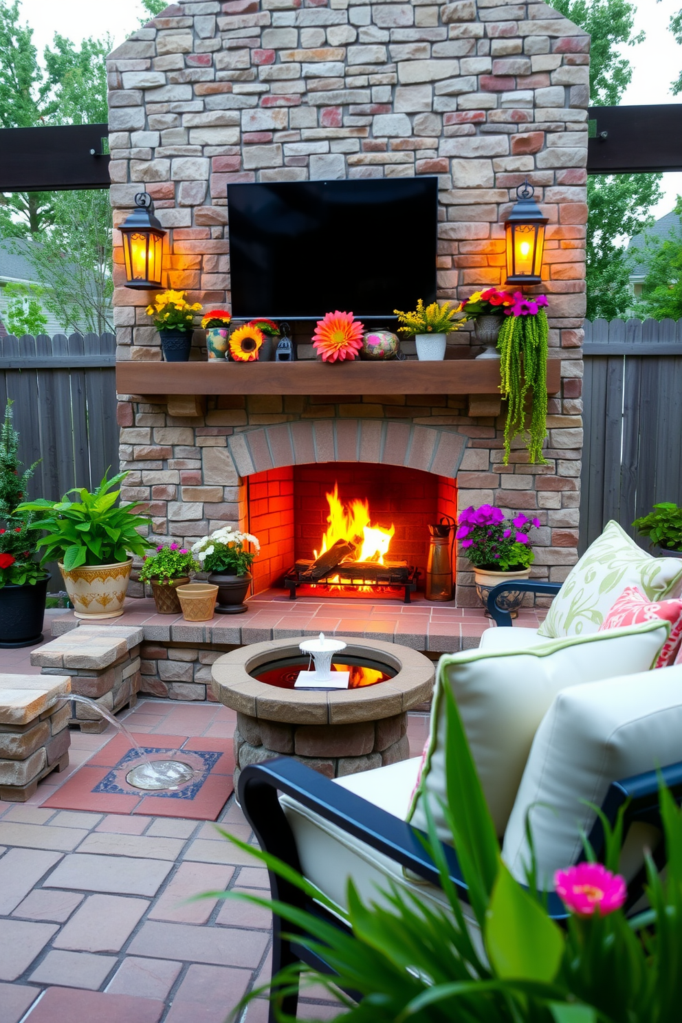 A cozy outdoor living space designed for summer evenings. A small fountain gently bubbles in the corner, creating a soothing sound that enhances the ambiance. The fireplace is adorned with vibrant summer-themed decorations, including colorful lanterns and potted flowers. Comfortable seating is arranged around the fireplace, inviting relaxation and conversation.