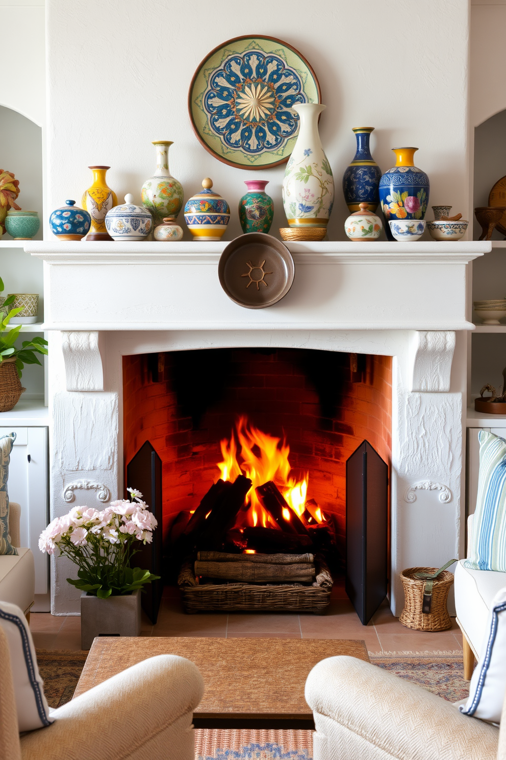 A cozy living room setting featuring a summer fireplace adorned with colorful ceramic pieces. The mantel is decorated with vibrant ceramic vases and bowls, showcasing a mix of floral and abstract designs. The fireplace itself is framed by a whitewashed stone surround, creating a bright and airy atmosphere. Surrounding the fireplace are comfortable seating options with light, breathable fabrics, perfect for summer gatherings.