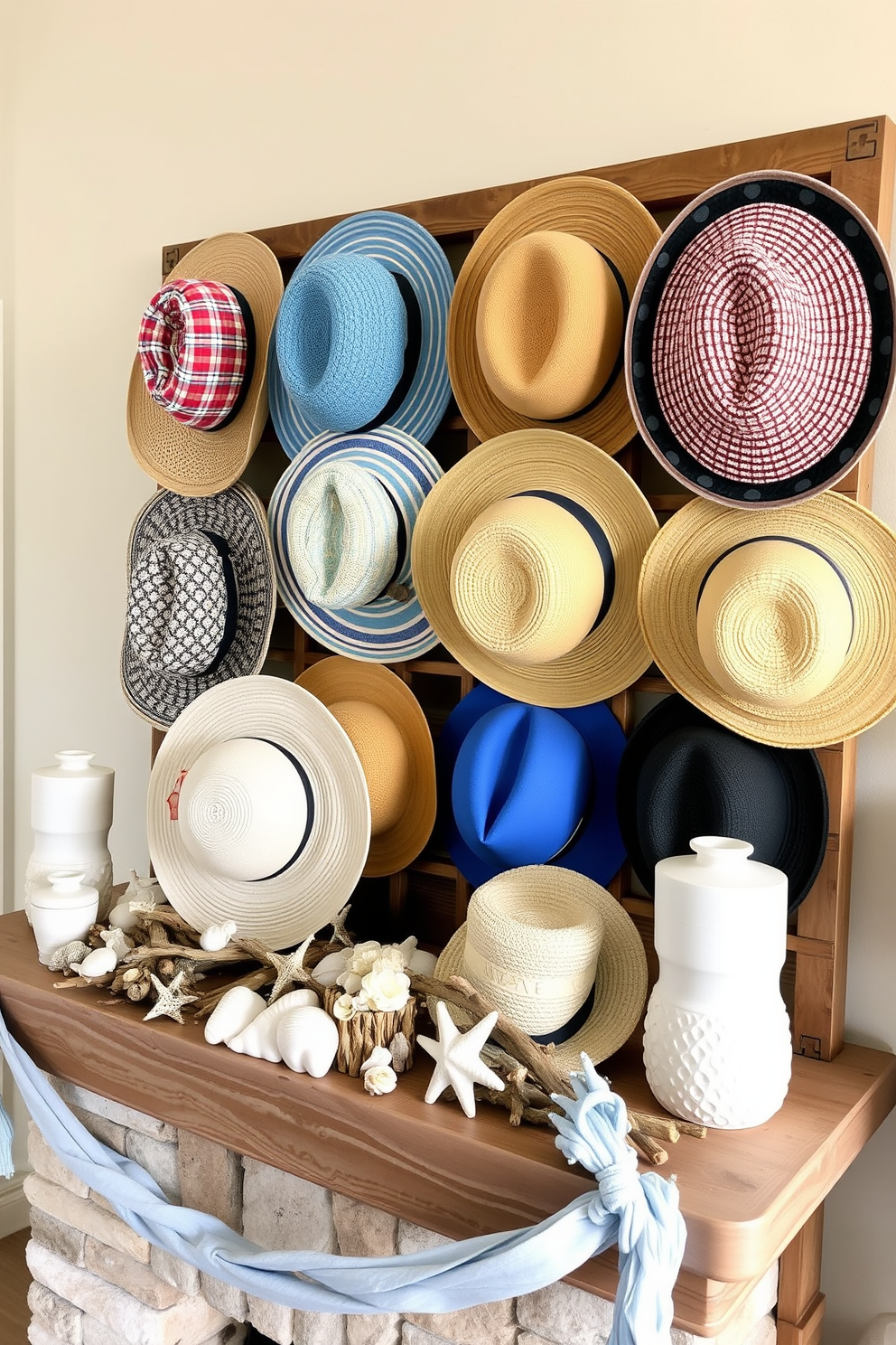 Display a collection of summer hats arranged on a rustic wooden rack. The hats vary in style and color, showcasing vibrant patterns and textures under soft natural lighting. Summer fireplace decorating ideas feature a cozy arrangement of beach-themed decor. The mantel is adorned with seashells, driftwood, and a light blue garland, creating a relaxed coastal ambiance.